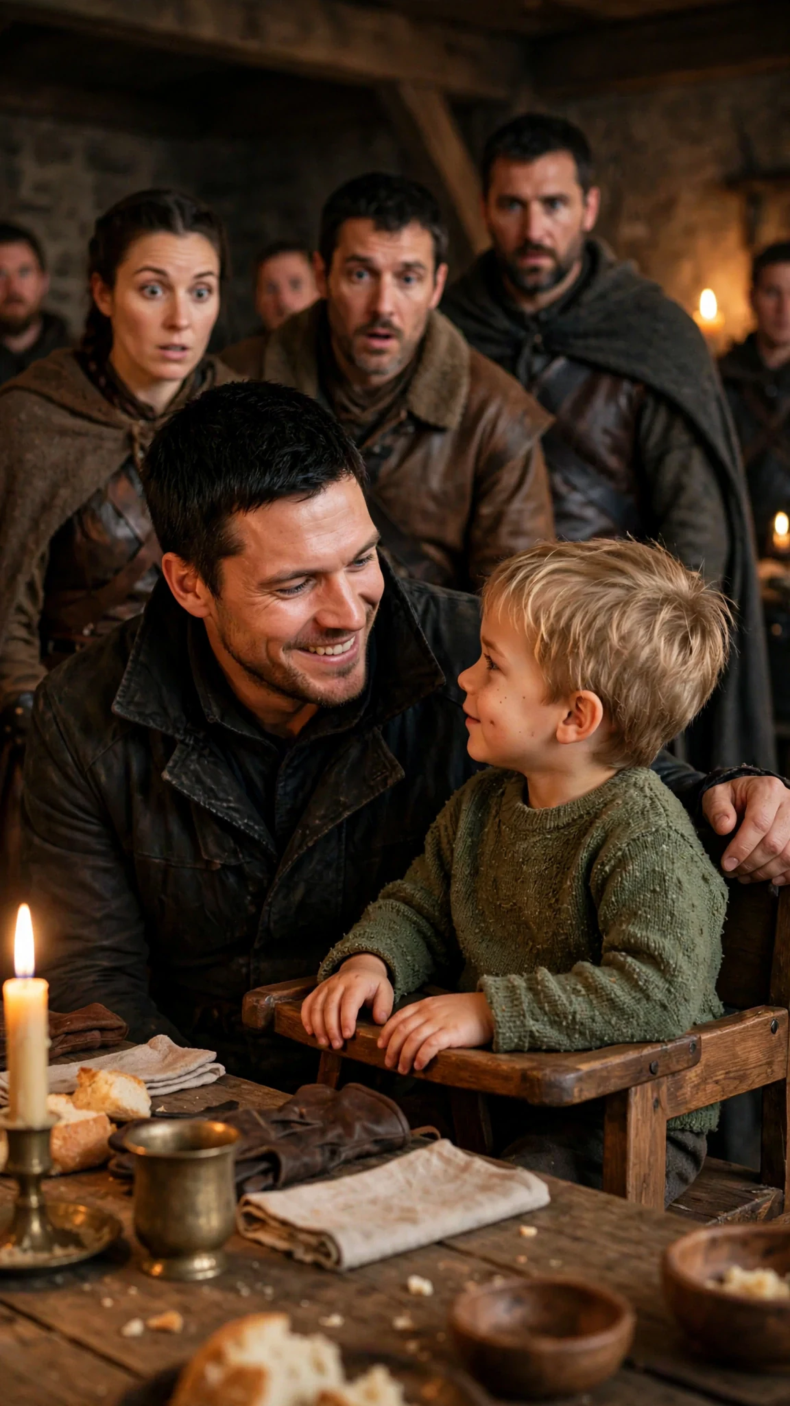 Caelan sits at the corner of the table beside Miles, smiling, while the pack watches.
