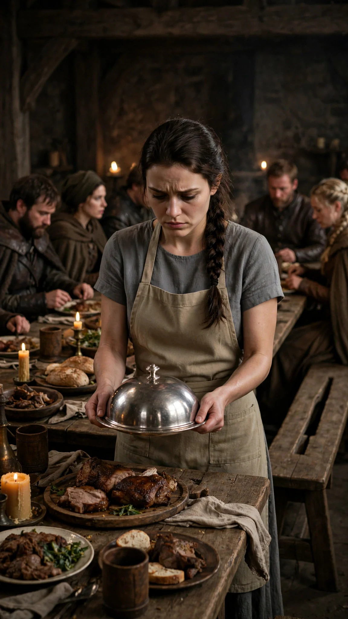 Avery stands holding the dish while seated pack members look away and no one makes room.