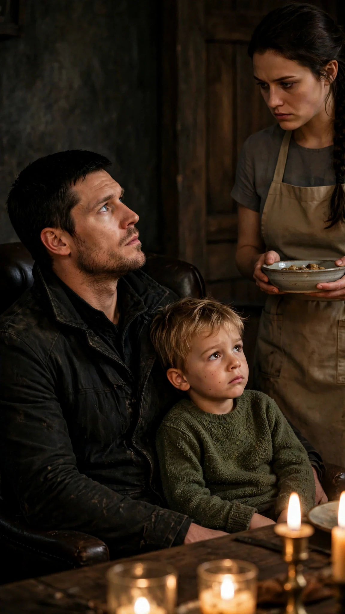 Caelan looks up at Avery coldly, a fork in his hand, the table silent.