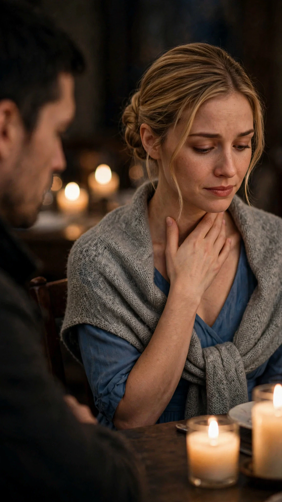 Rosalind speaks softly with her eyes down, her hand at her throat.