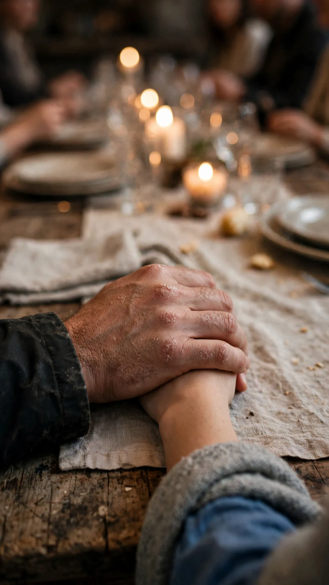 Close on Caelan's hand covering Rosalind's hand on the tablecloth.