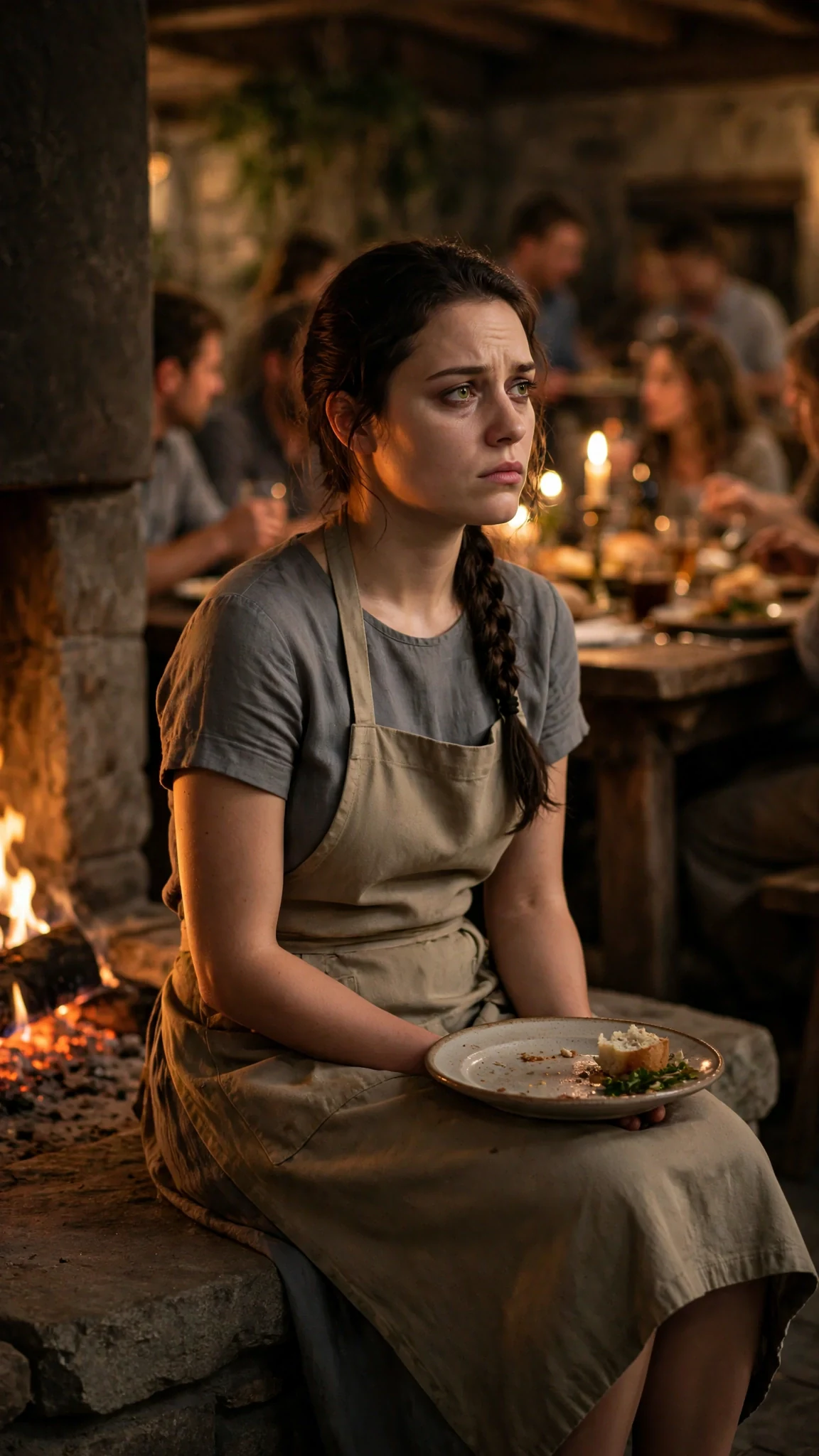 Avery sits alone on a bench by the hearth with a plate on her knees.
