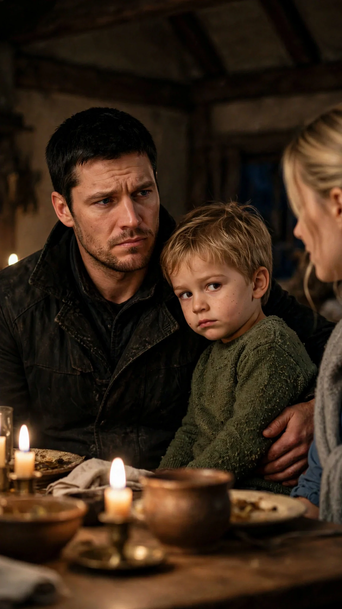 Caelan answers calmly with Miles leaning against his arm.