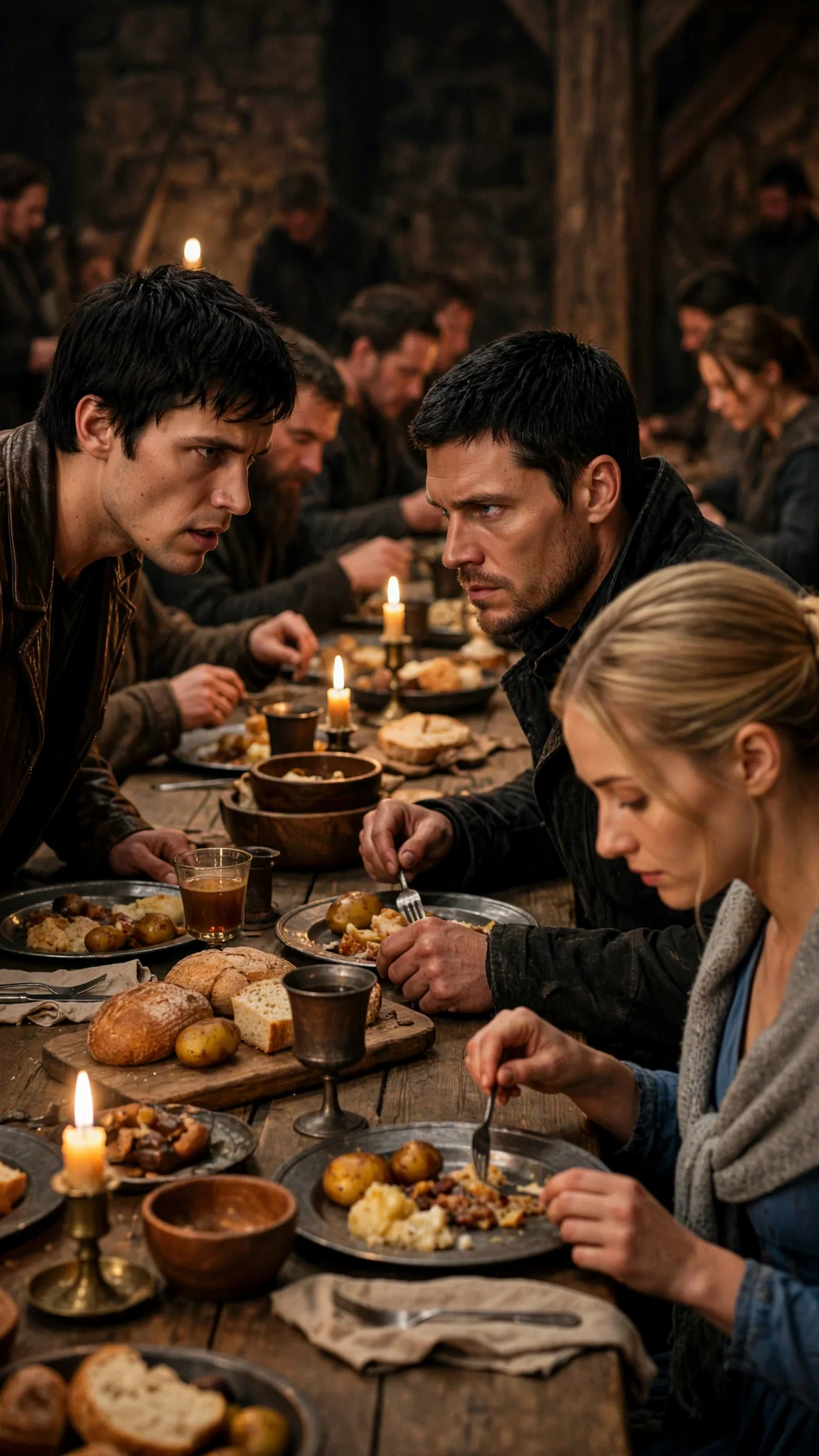 Torin speaks up while the pack stares at their plates and Rosalind looks down.