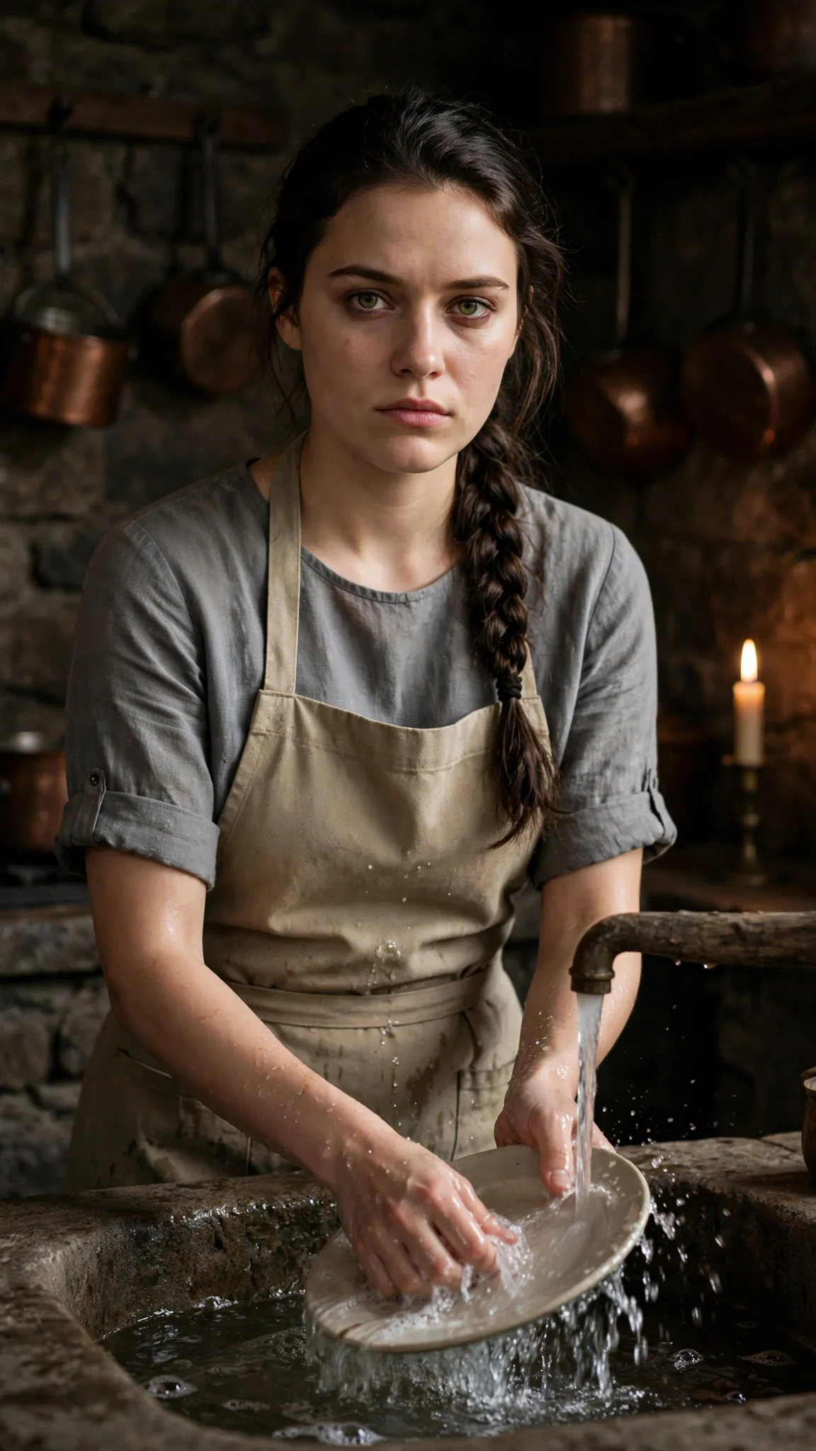 Avery washes her own plate at the kitchen basin in the dark.