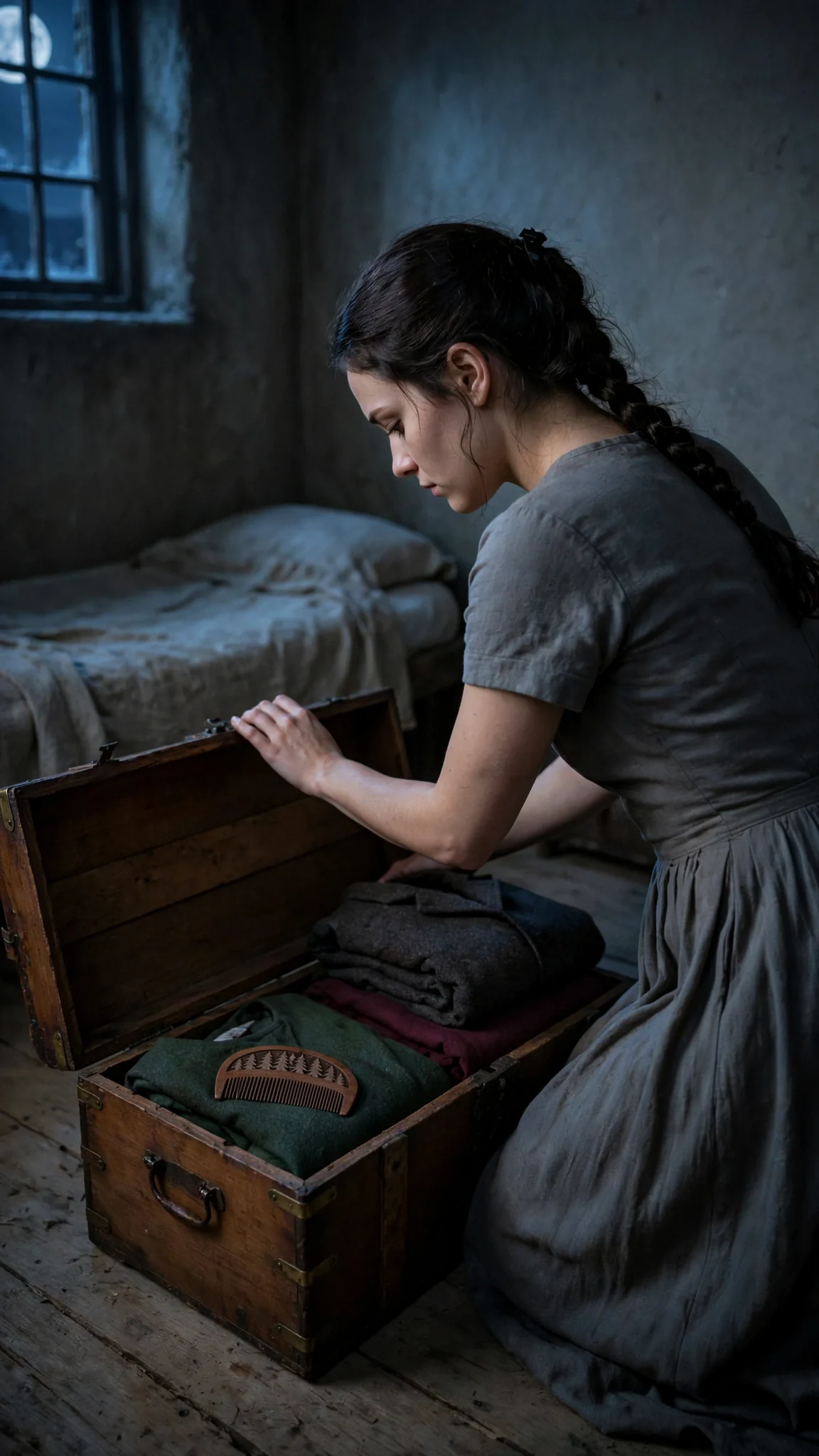 Avery's small room with an open wooden chest holding two dresses and a comb.