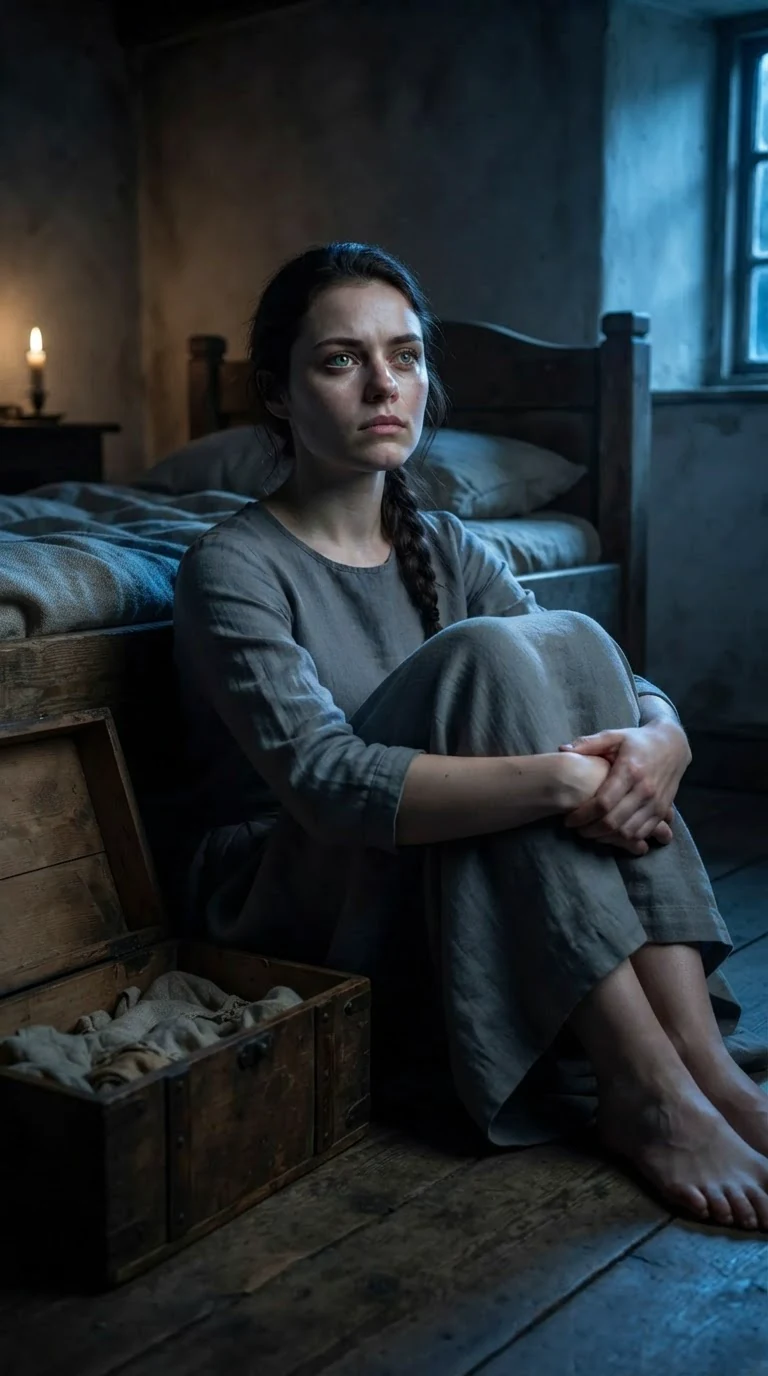 Avery sits on the floor beside the open chest in the dark, arms around her knees.