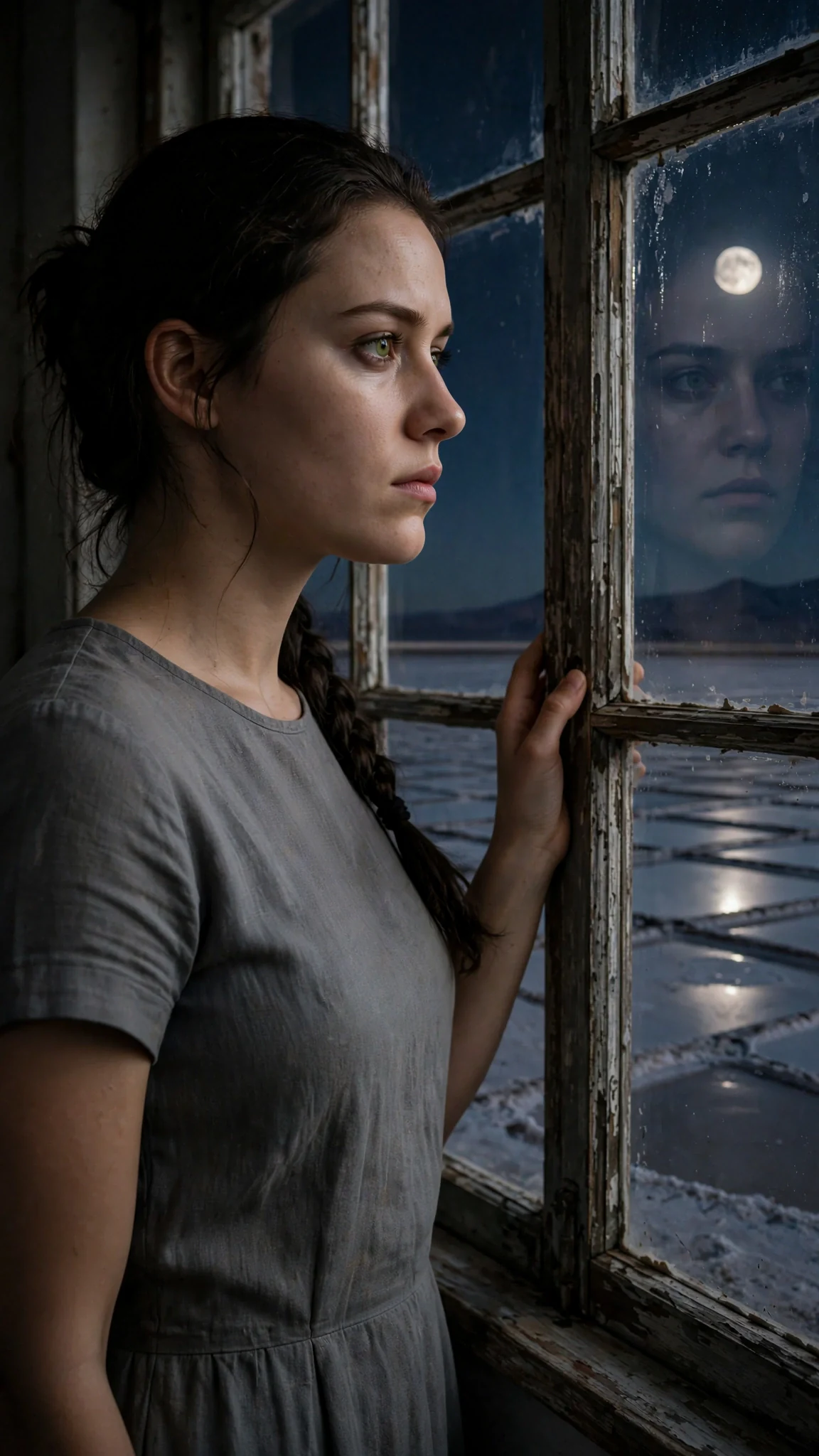 Avery stands at the narrow window looking out over moonlit salt pans.