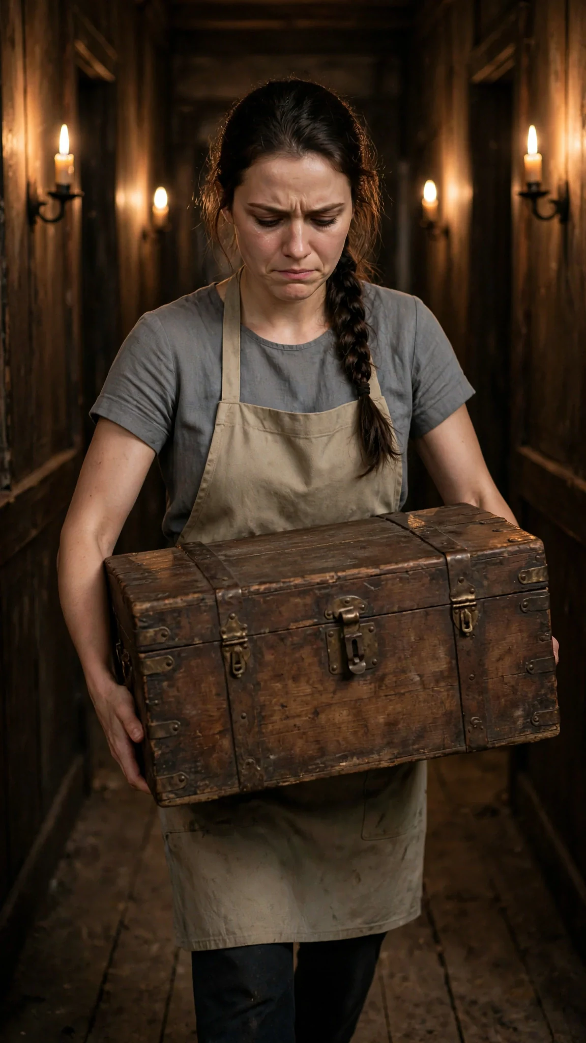 Avery carries a heavy wooden chest down a lamplit hallway.