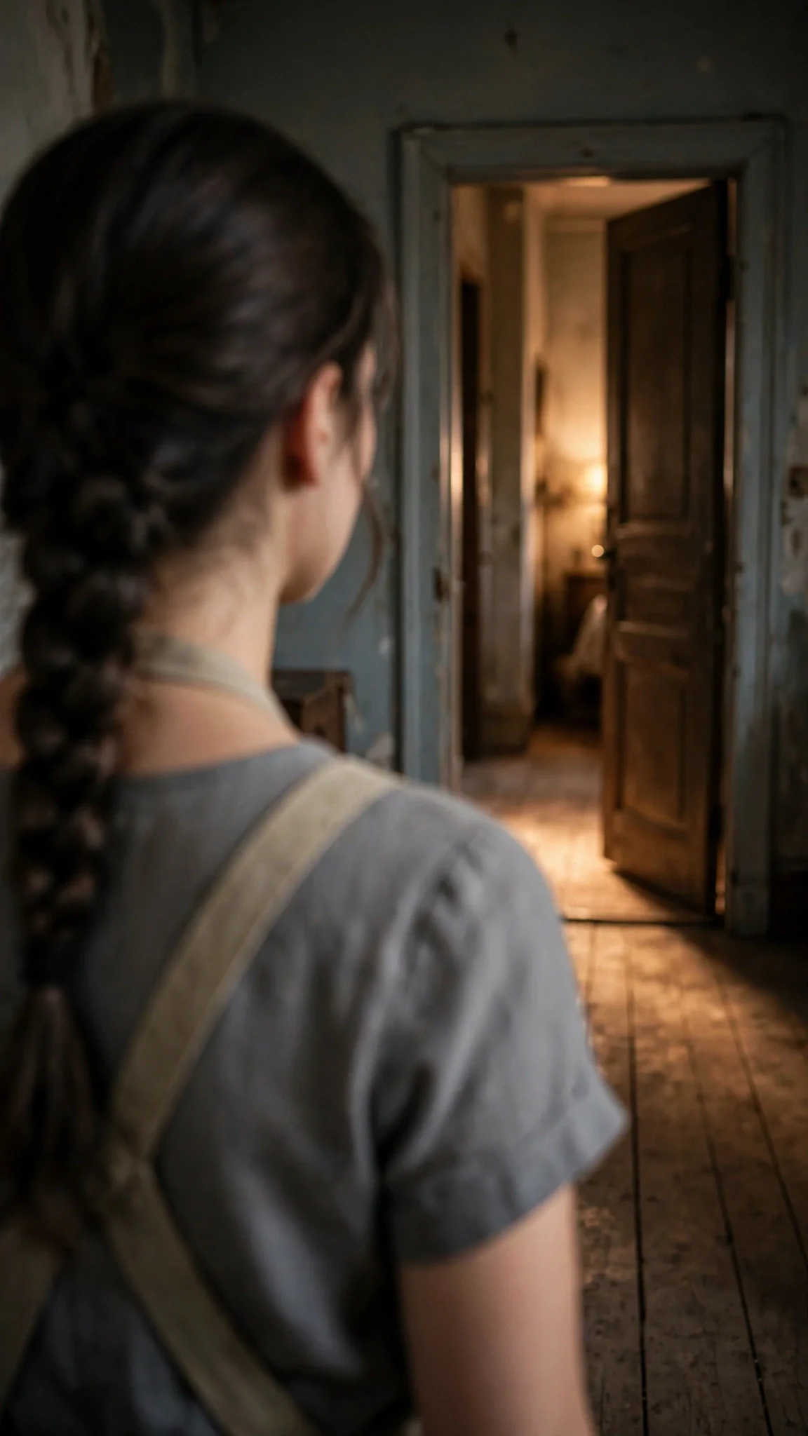 A half-open door with warm lamplight spilling into a dark hallway.