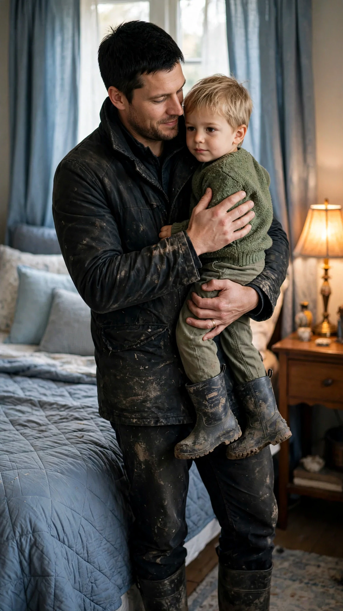 Caelan holds a small boy against his shoulder in a lamplit bedroom.