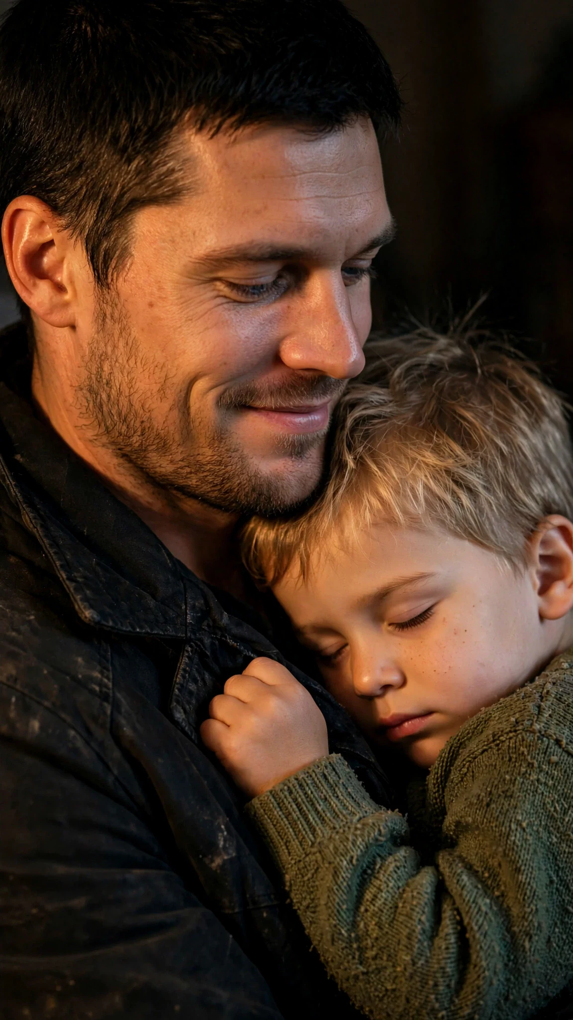 Close view of the boy's fist curled in Caelan's coat collar.