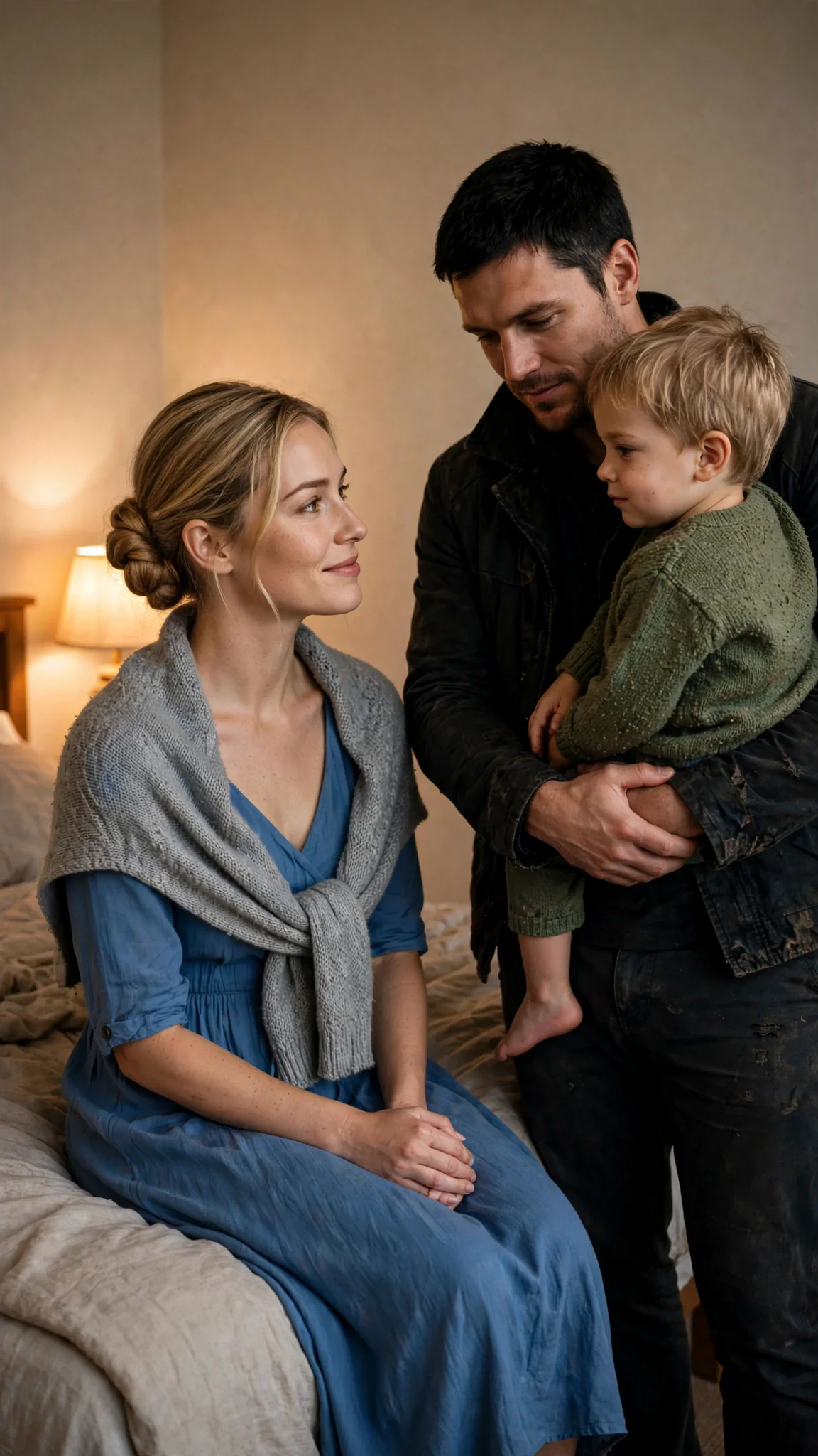 Rosalind sits near the bed, watching Caelan and her son.