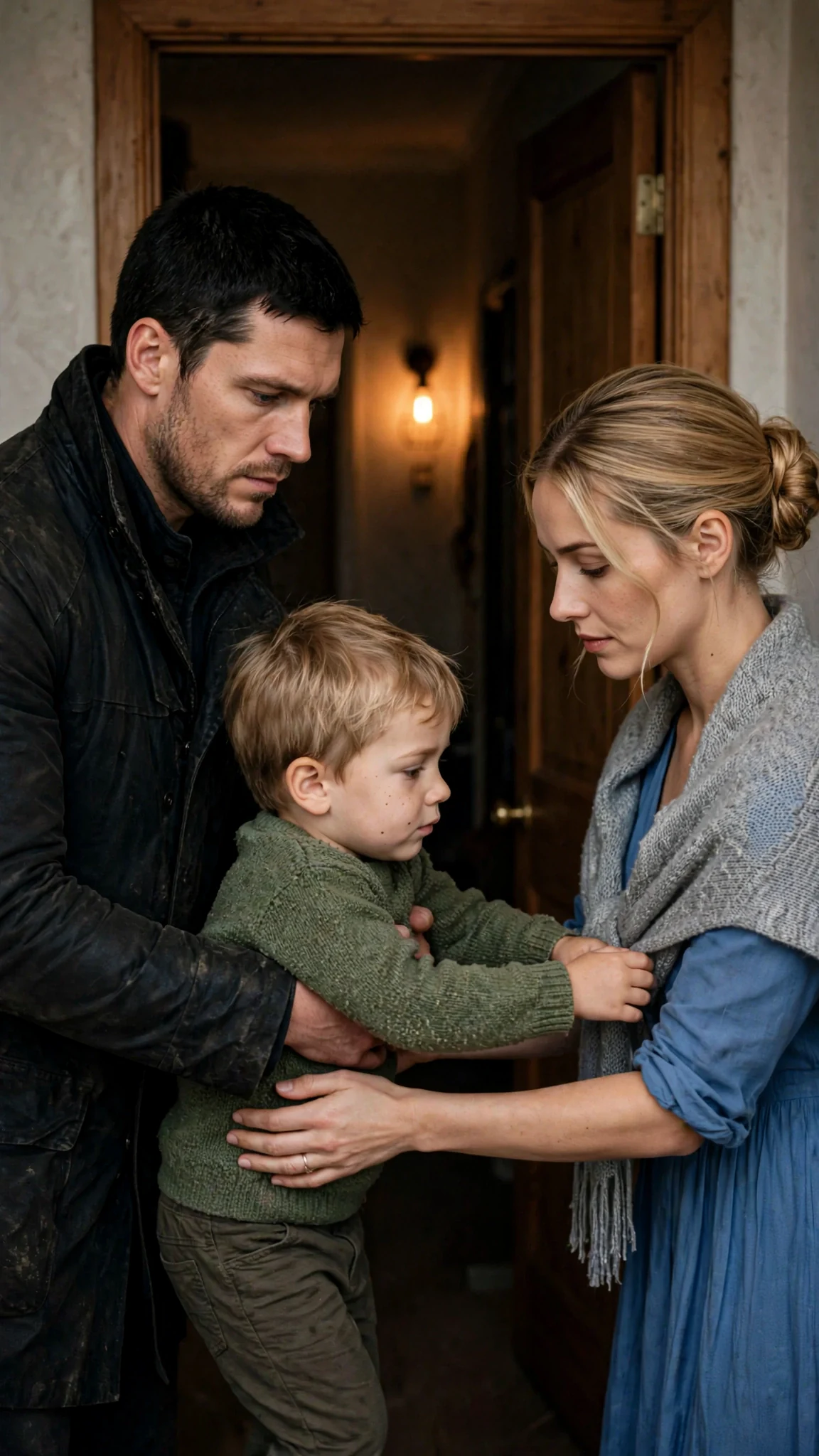 Caelan hands the boy to Rosalind at the door.