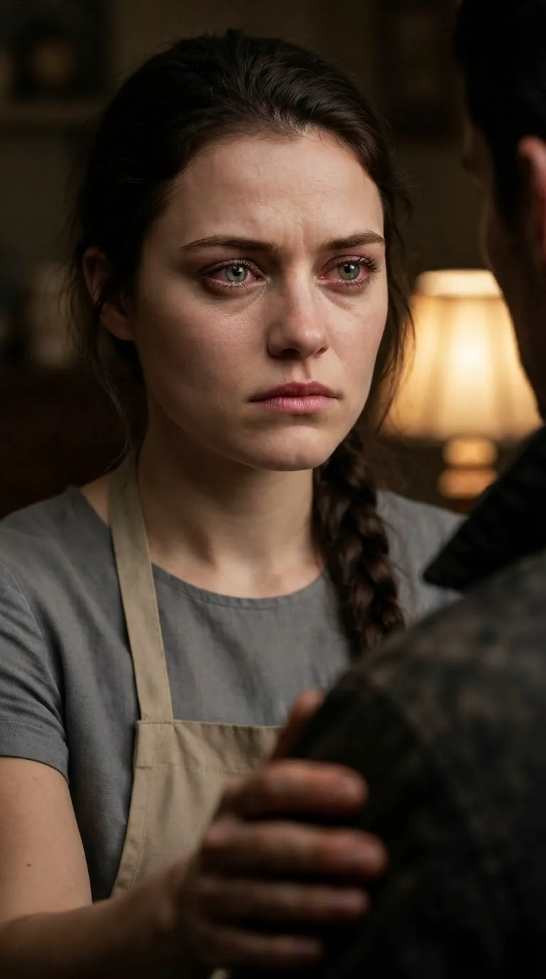 Close on Avery's face, angry and close to tears, Caelan's hand at her waist.
