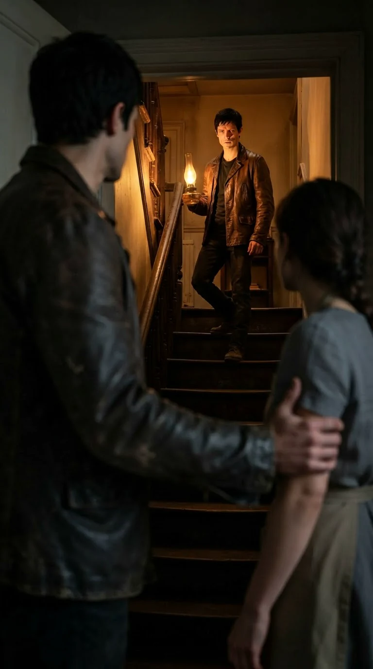 Torin stops on the stairs with a lamp, looking at them.