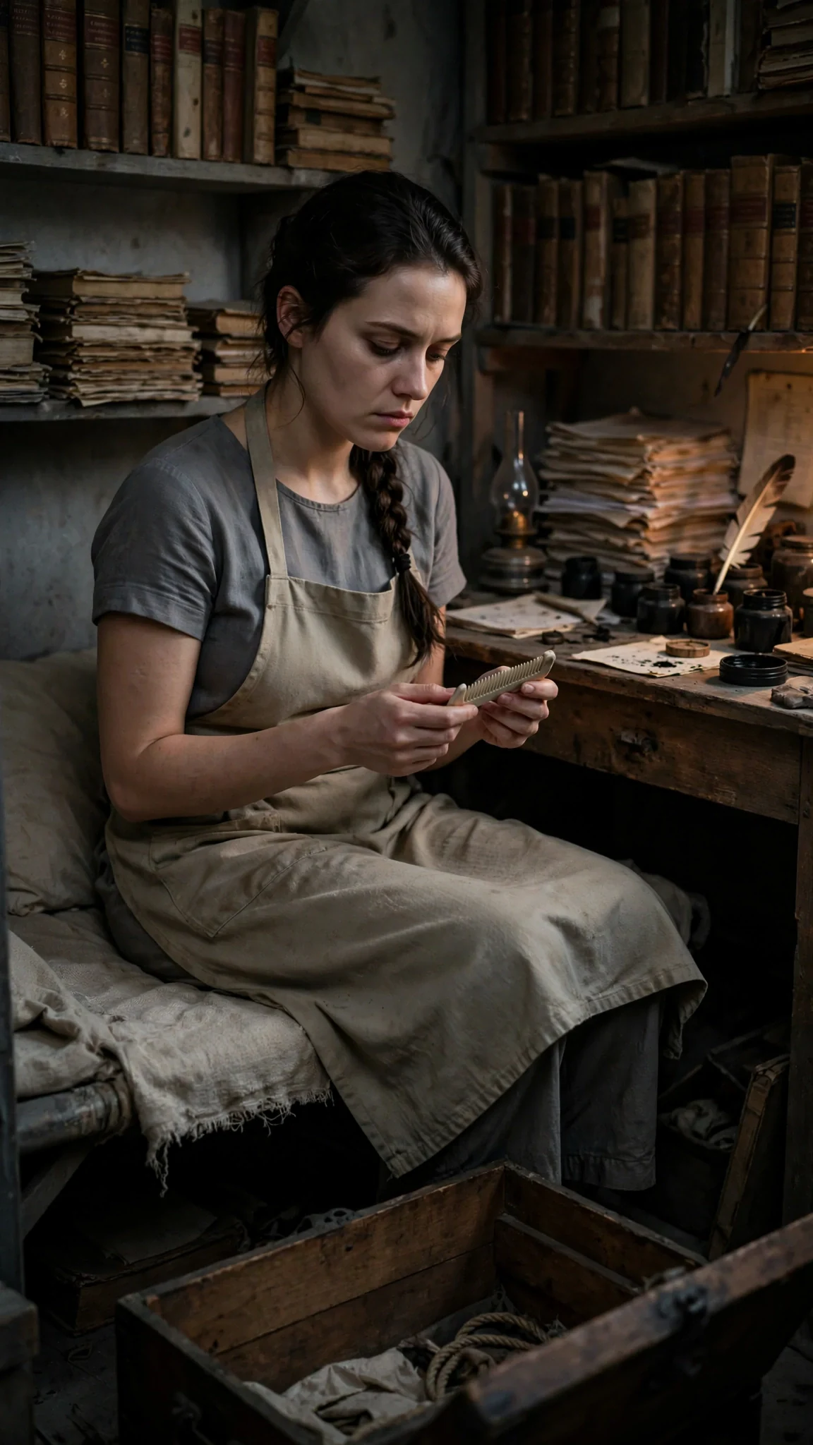 Avery sits on a narrow cot in the ledger room beside her chest.