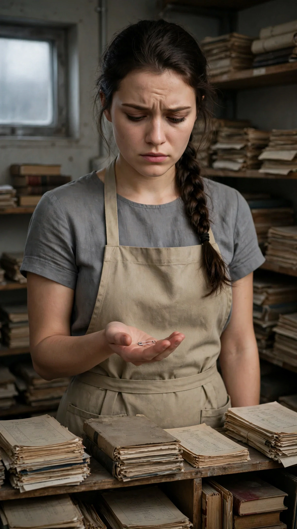 Avery stands in the cold ledger room, holding a silver pin in her palm, her face tight with confusion.