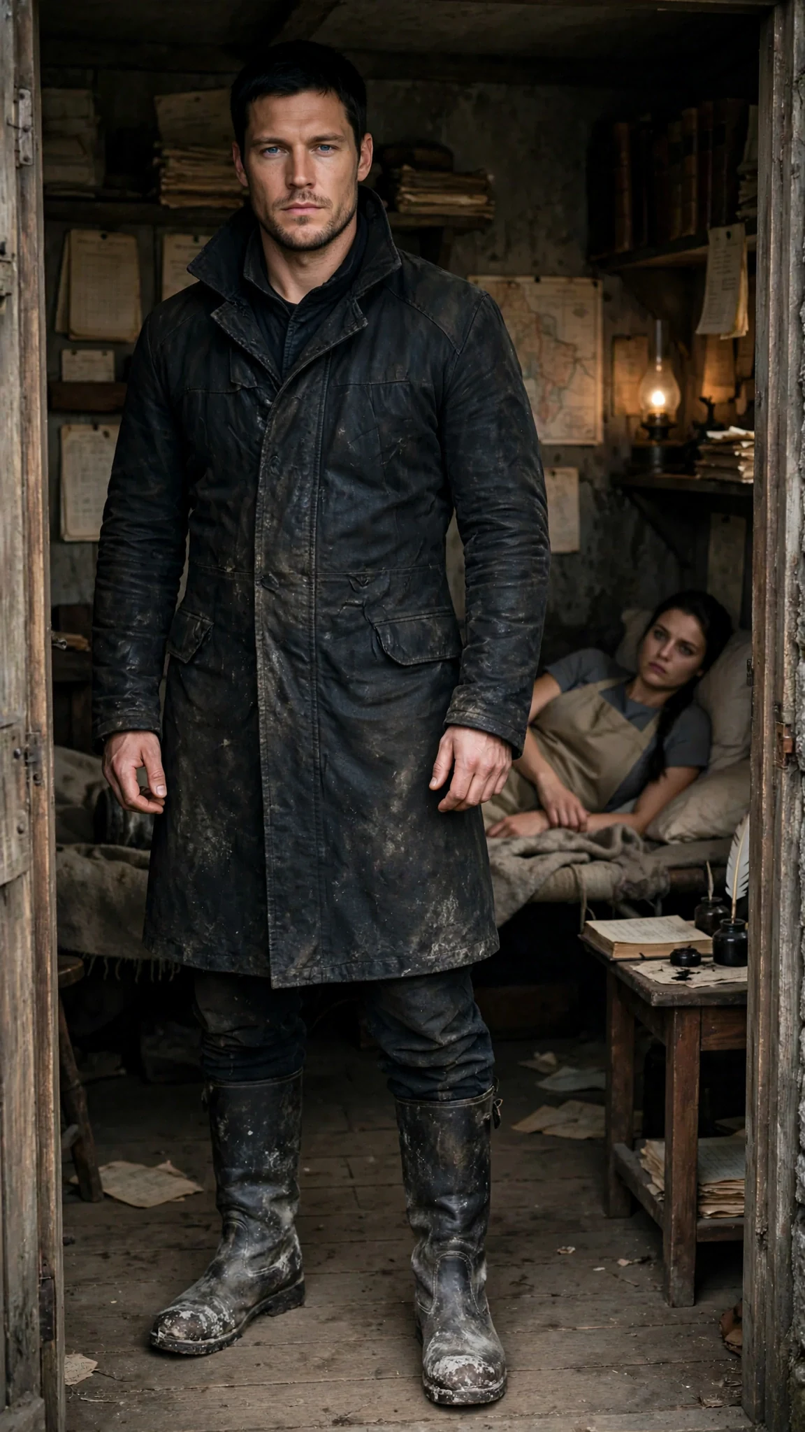 Caelan stands in the doorway of the ledger room, his dark coat filling the frame, his cold blue eyes fixed on Avery.