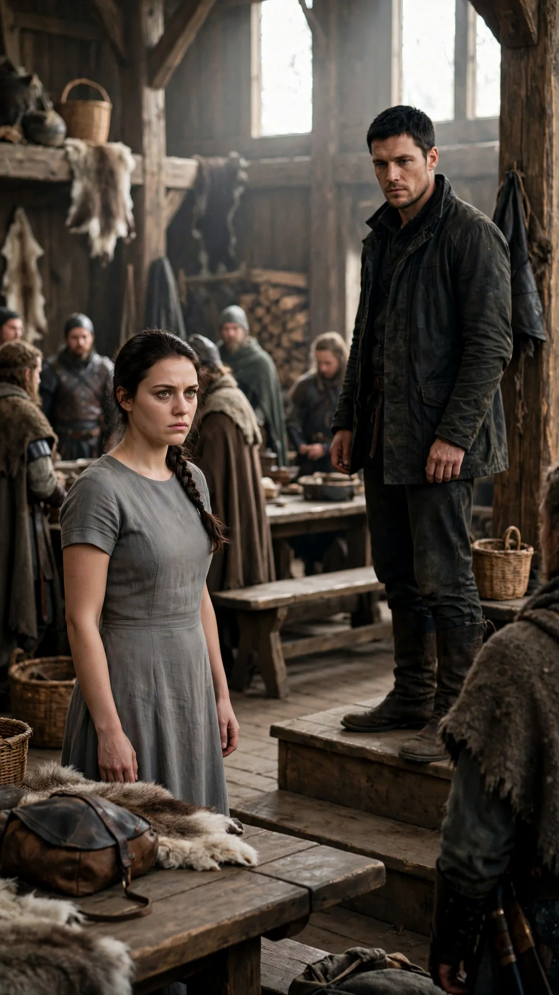 Avery stands in the great hall, surrounded by pack members, her hands clasped in front of her, looking wary.