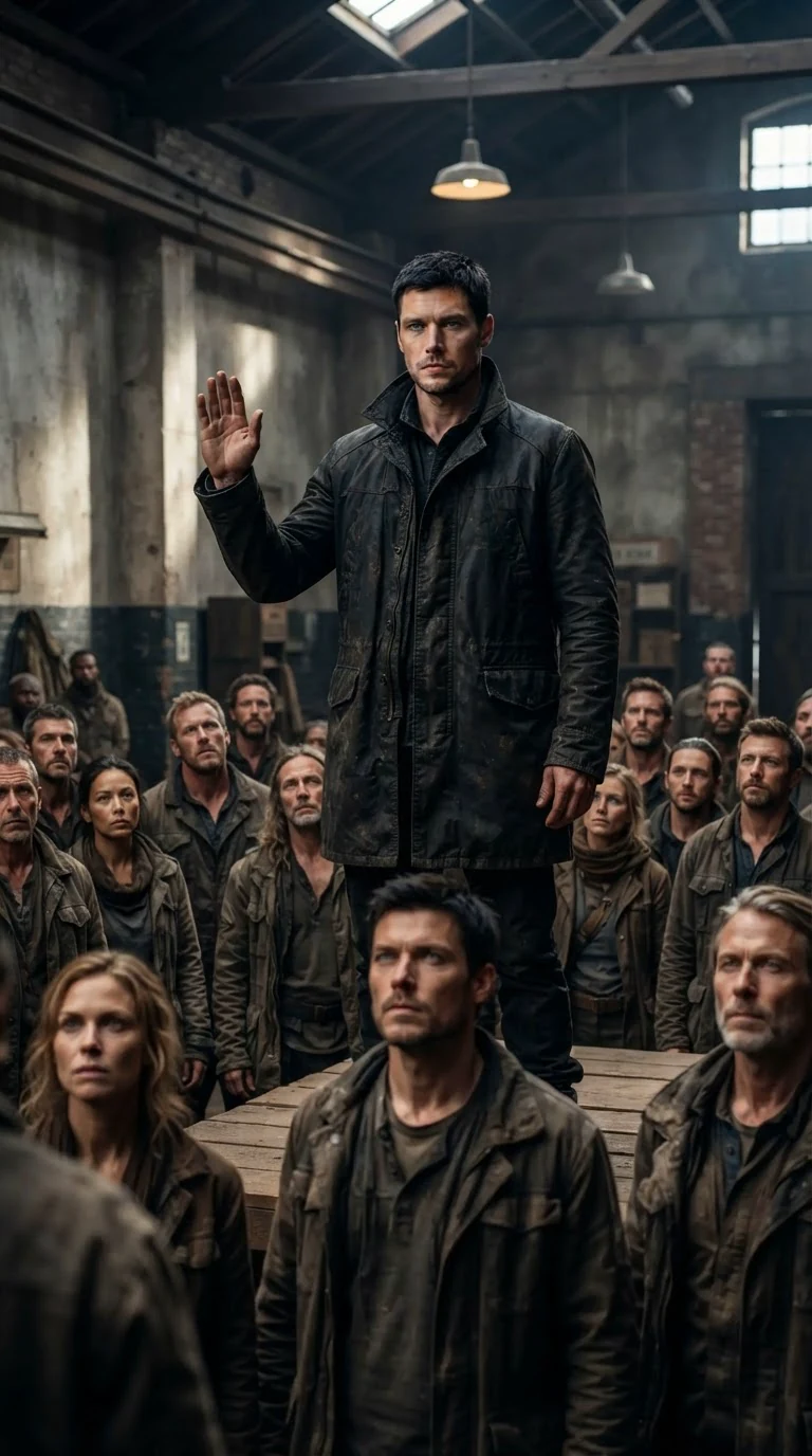 Caelan stands on the raised step, one hand raised, addressing the pack with a serious expression.