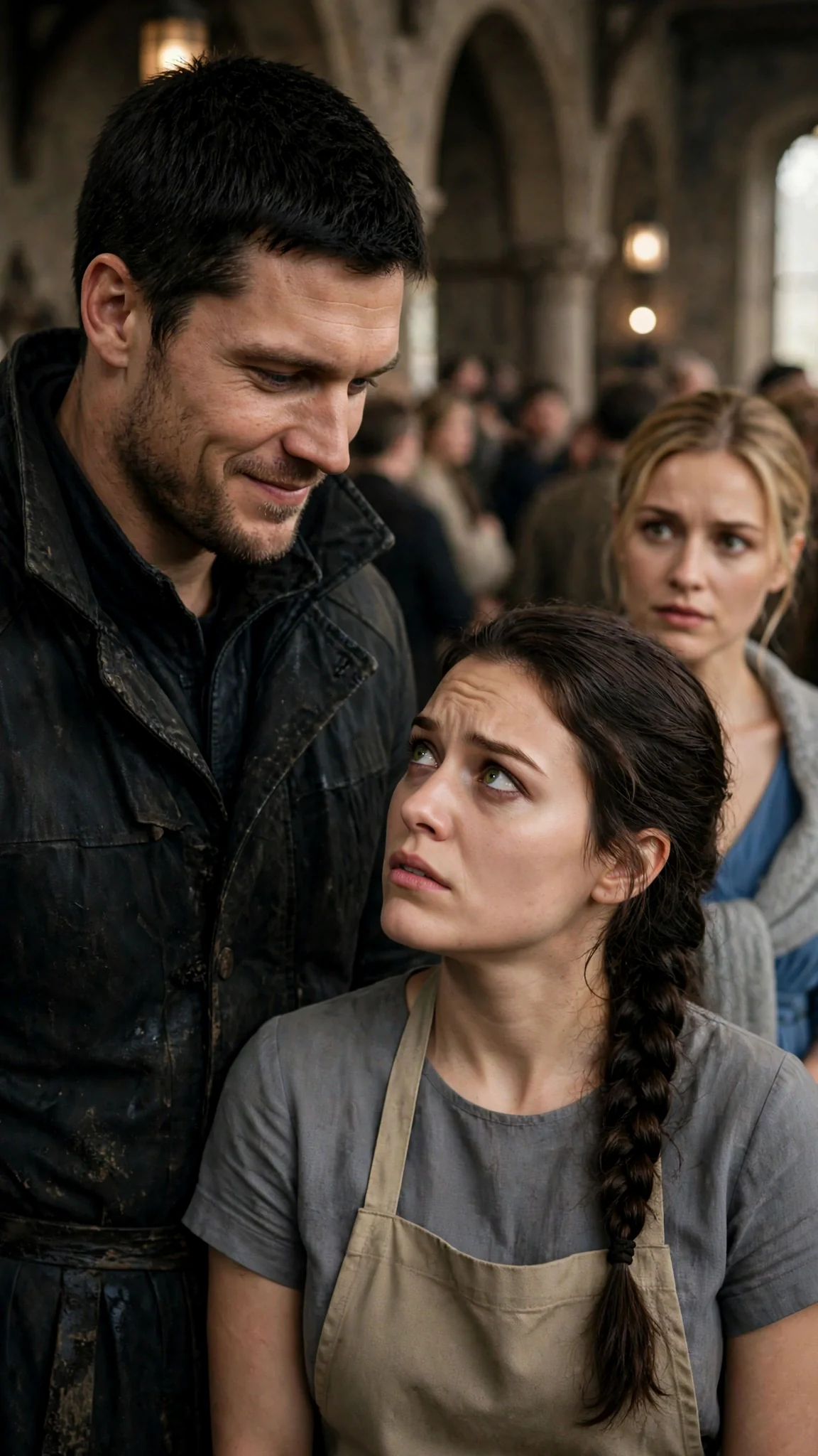 Caelan looks down at Avery with a practiced smile, then glances toward Rosalind in the crowd.