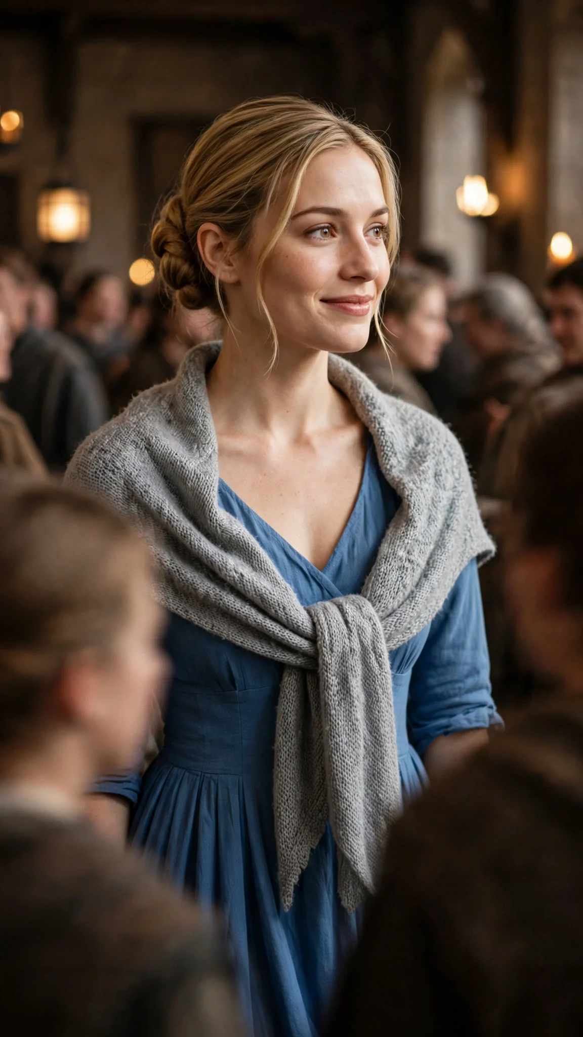 Rosalind steps forward from the crowd, her expression soft and pleased, her eyes on Caelan.