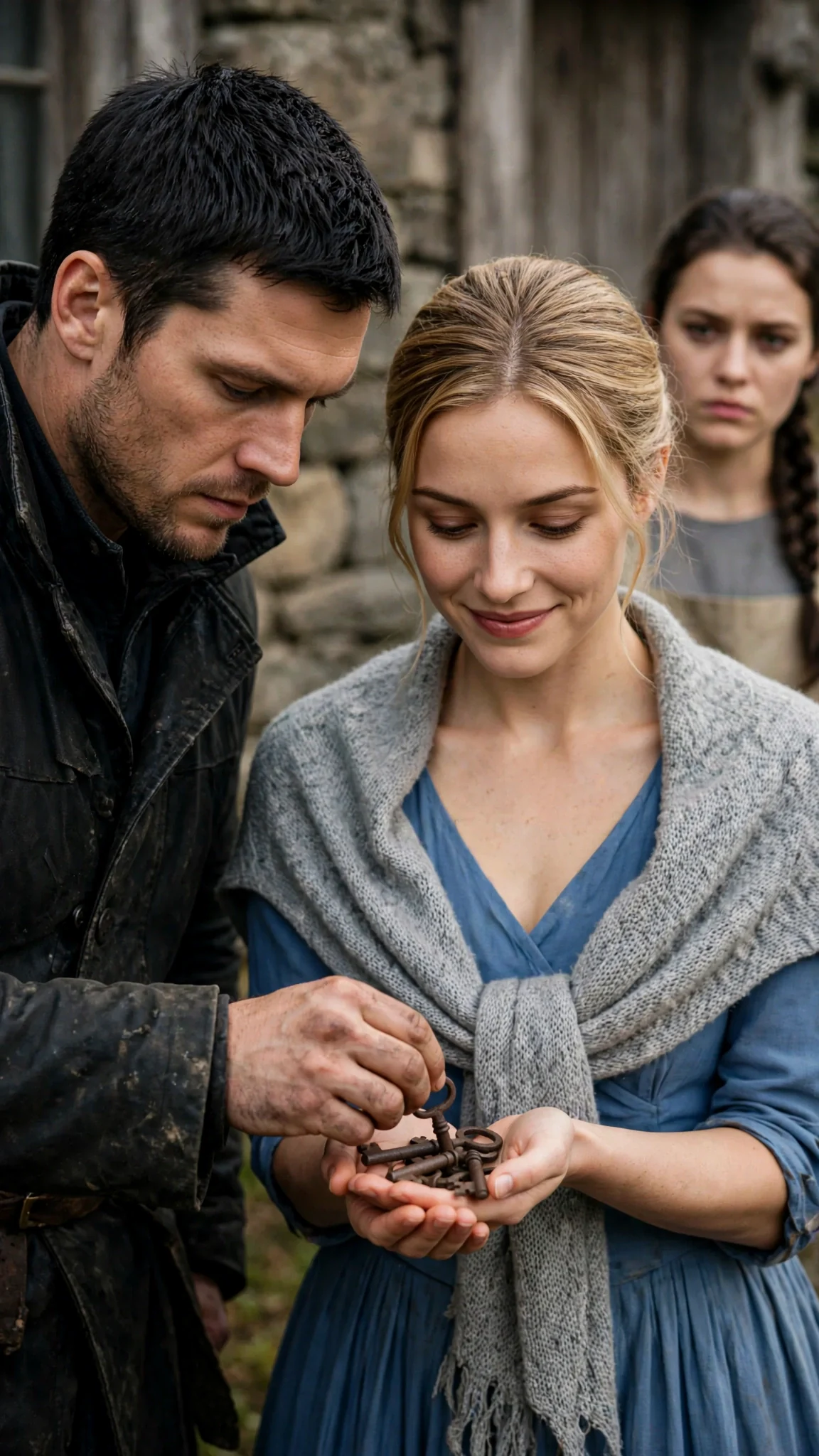 Caelan places a ring of iron keys into Rosalind's palm, his hand lingering on hers.