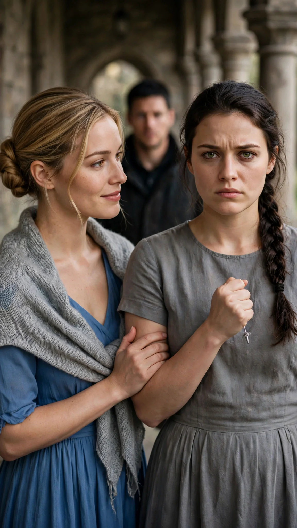 Rosalind touches Avery's arm gently, her expression kind and sympathetic, while Avery stands rigid.