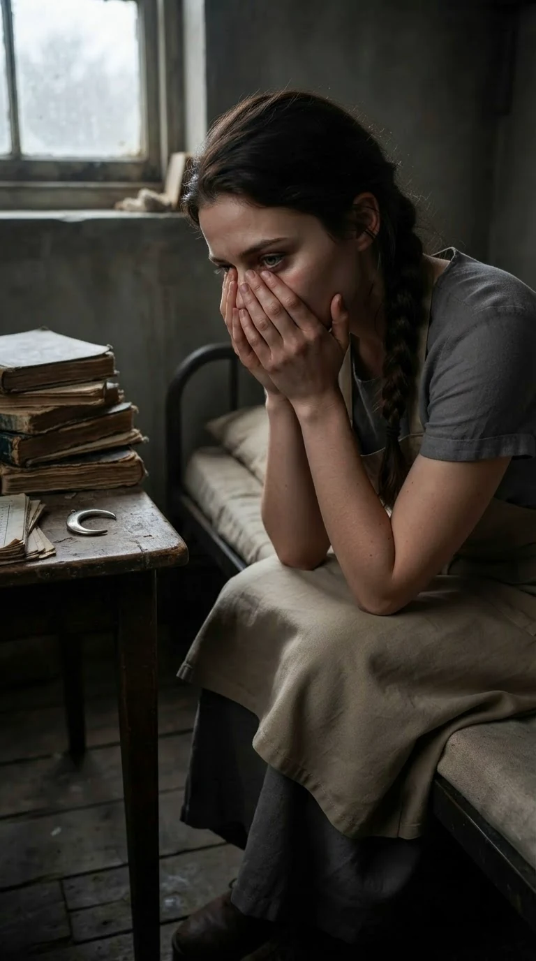 Avery sits on the cot in the ledger room, the silver pin on the desk beside her, her face in her hands.