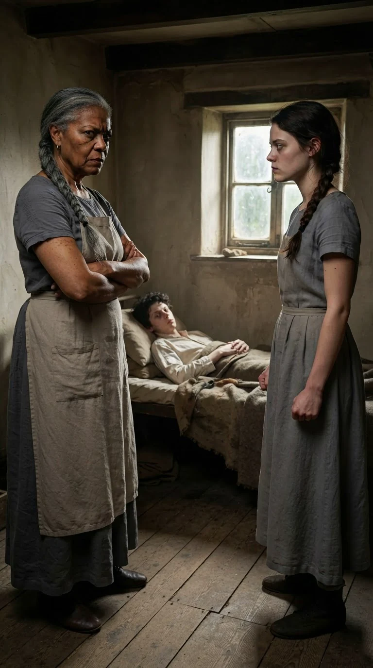 Mavis folds her arms, furious, while Avery stands rigid beside the cot.