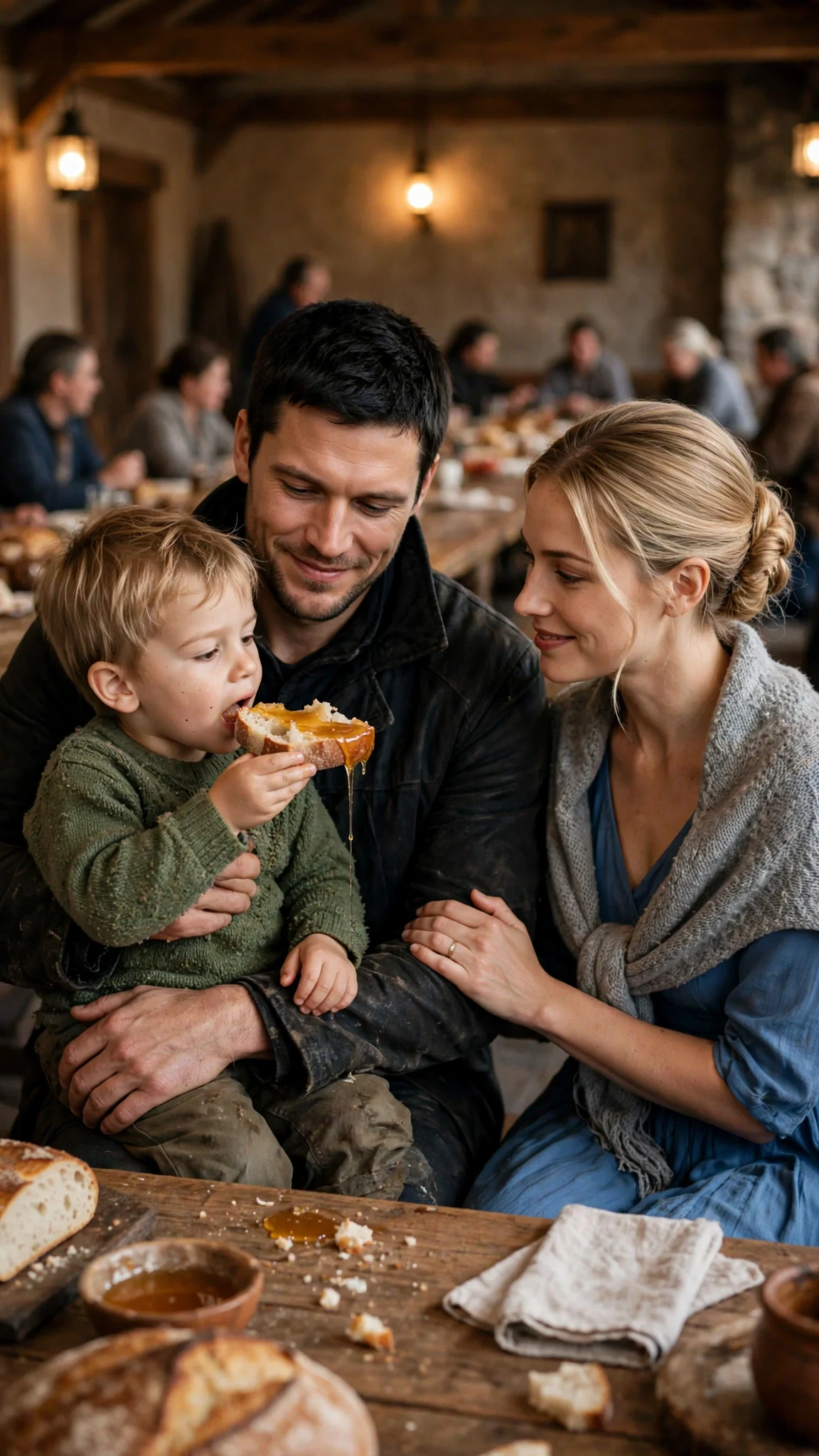 Caelan feeds a small boy bread and honey while a blonde woman sits in Avery's chair.
