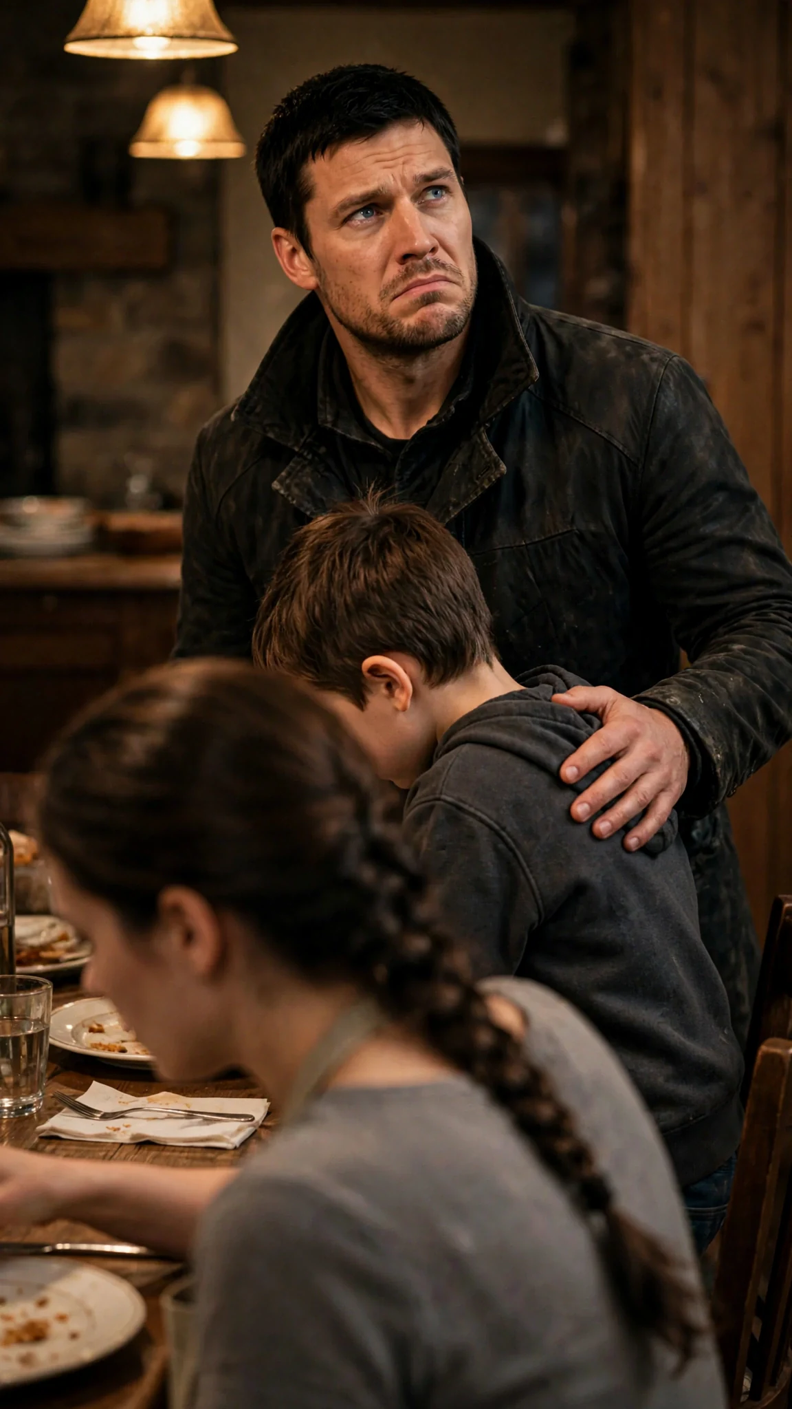 Caelan looks up at Avery with cold flat eyes, still holding the child.