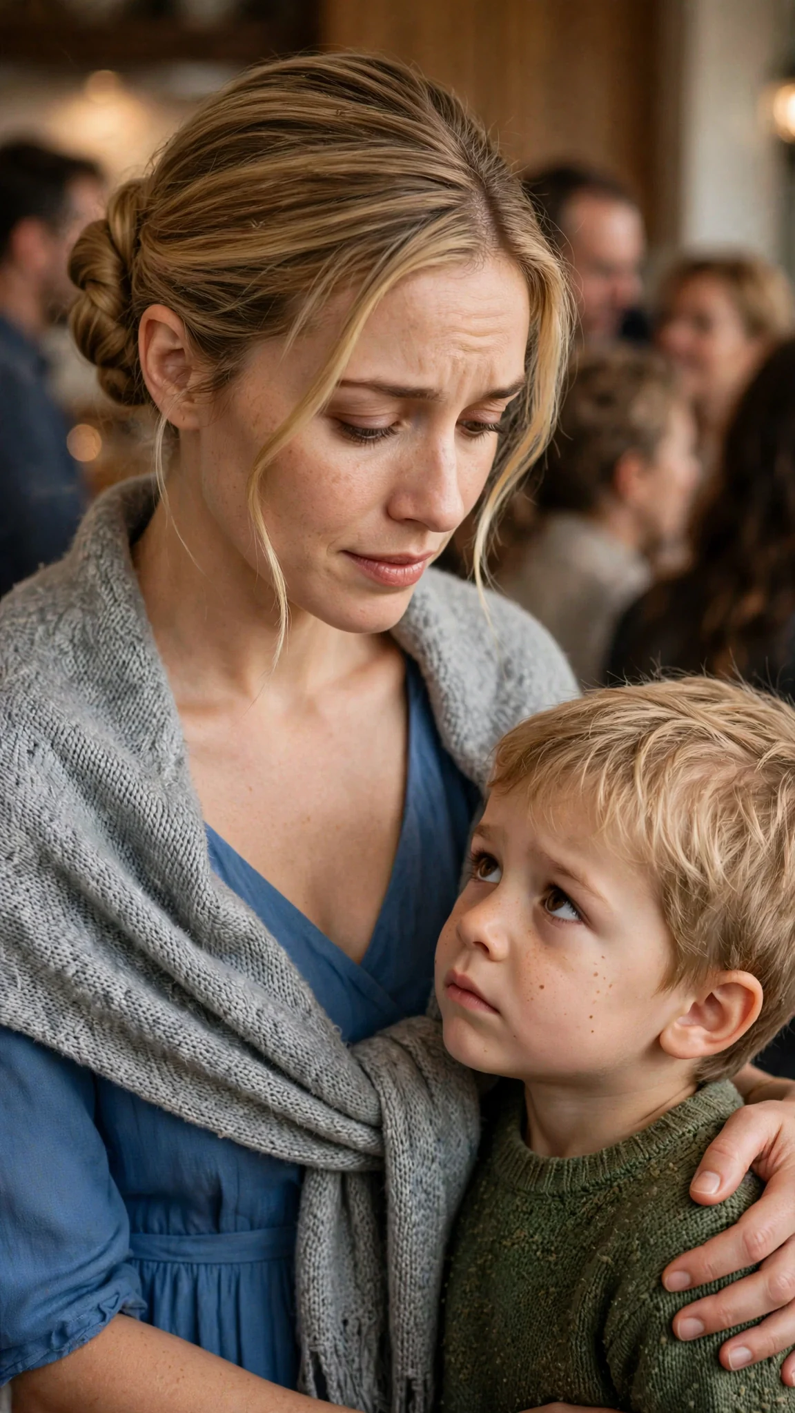 Rosalind speaks up softly with her hand on the child's shoulder.