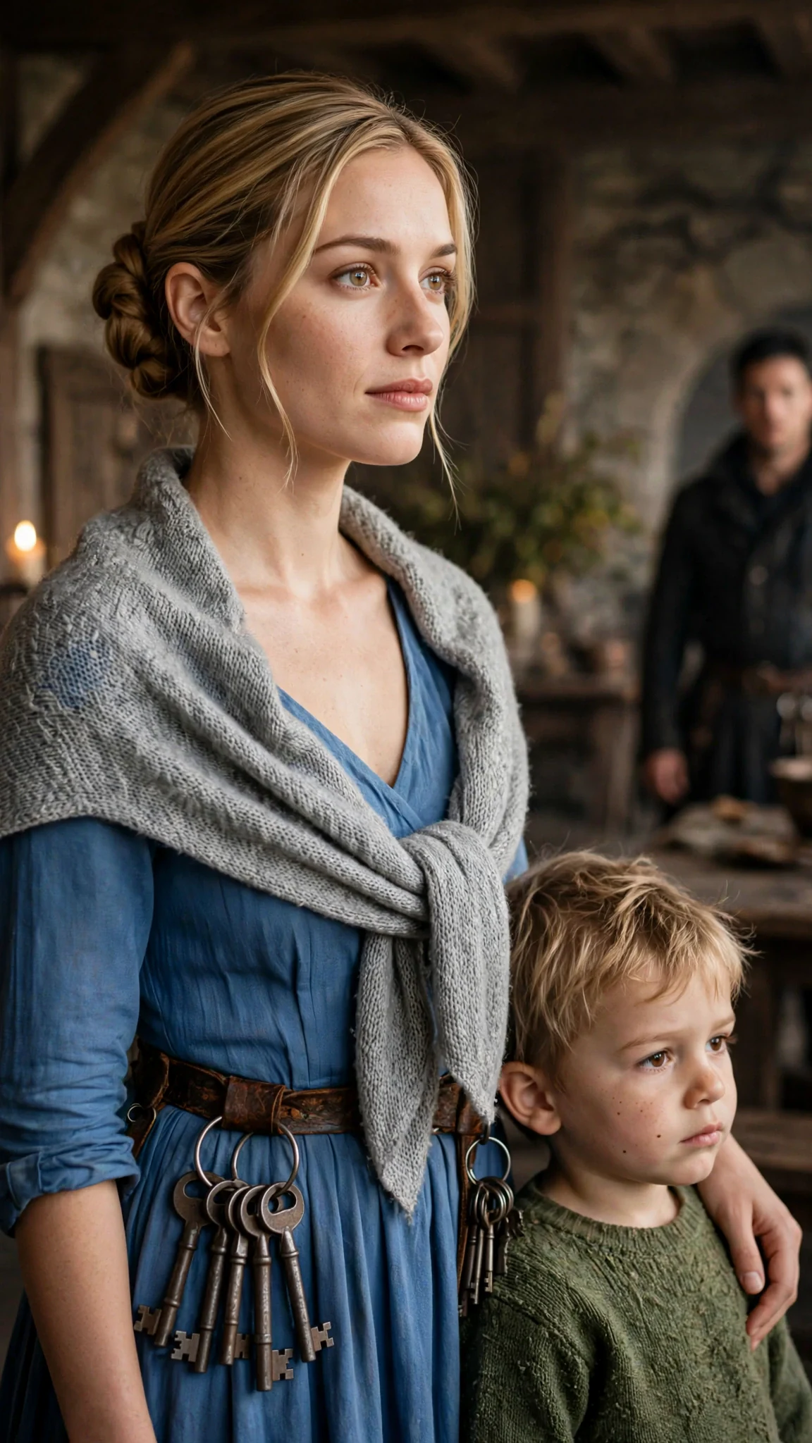 Rosalind stands with the house keys hanging at her belt, looking at Avery.