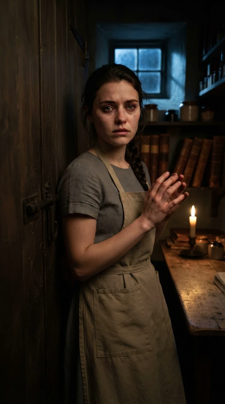 Avery stands alone in the cold ledger room with her back to the door, hands shaking.