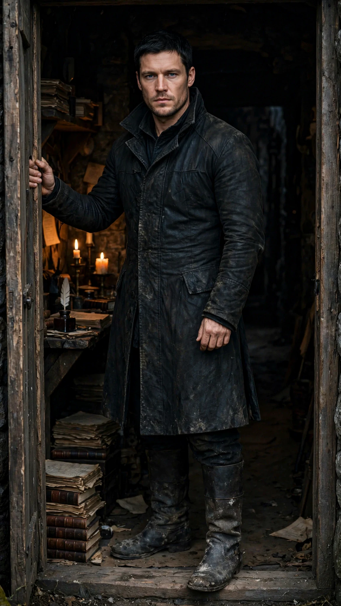 Caelan fills the ledger room doorway in his dark Alpha coat, cold-eyed.