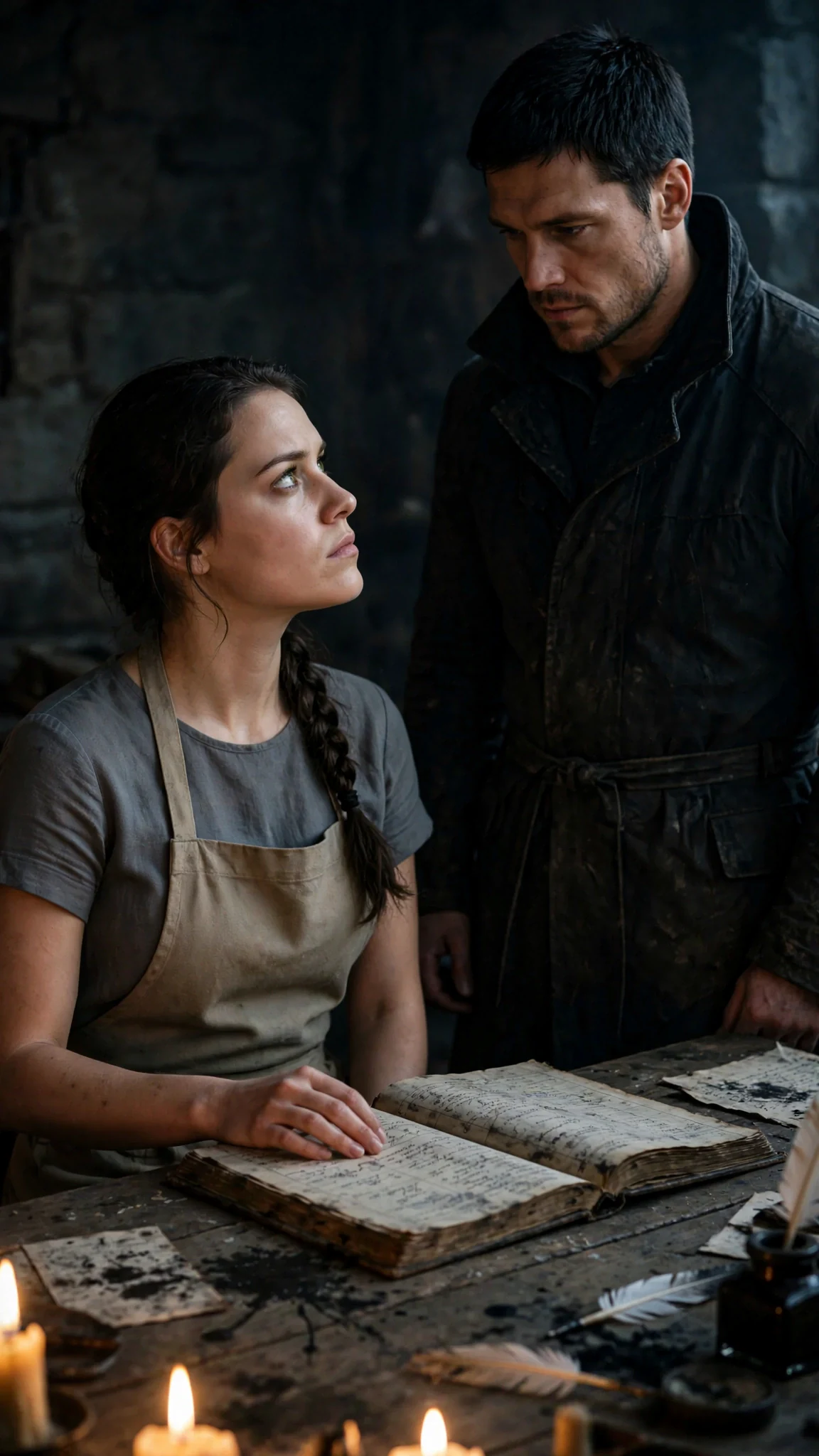 Avery sits at the ledger table looking up at Caelan, chin lifted.