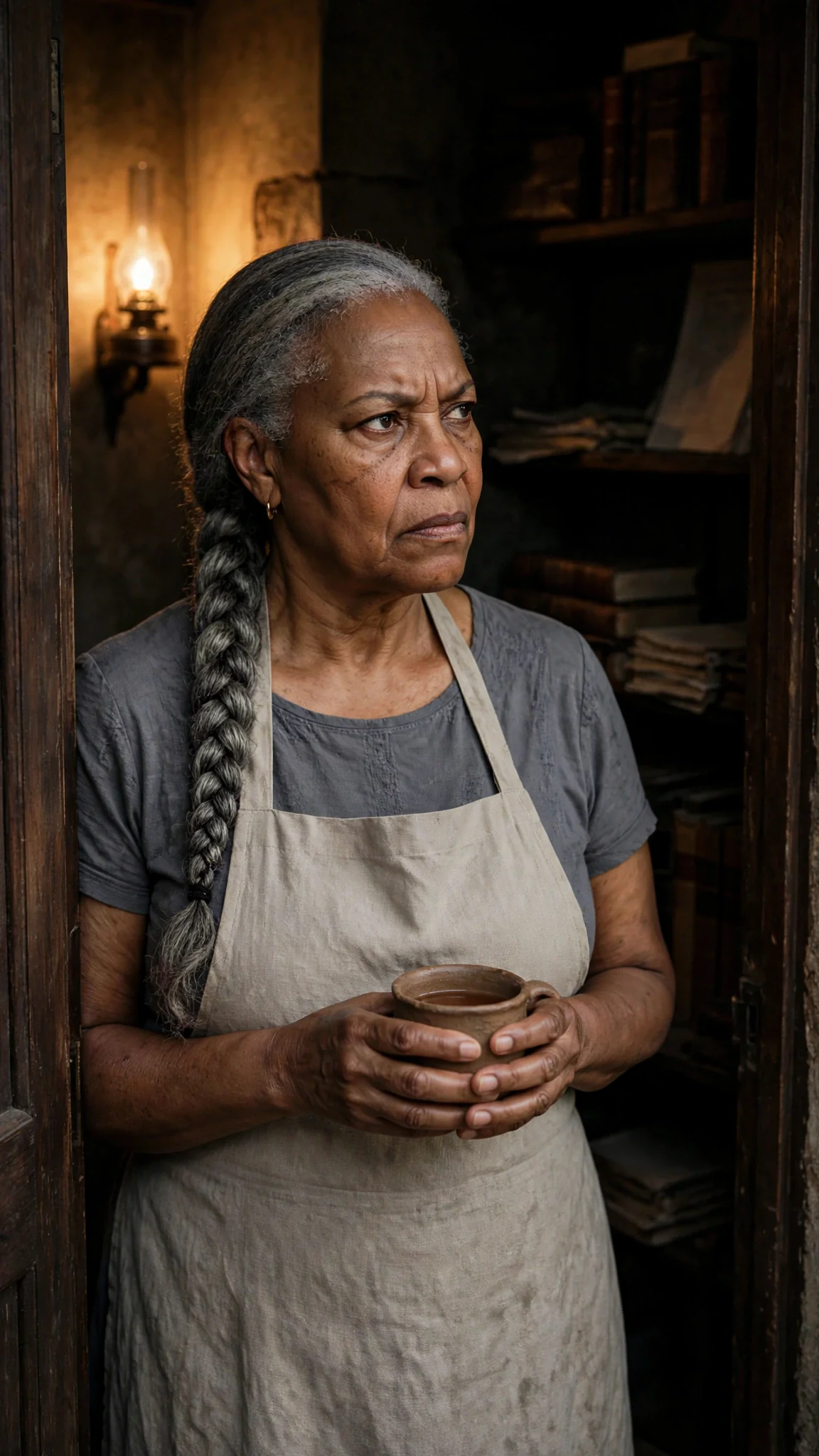 Mavis stands in the half-open doorway holding a cup of fever tea.