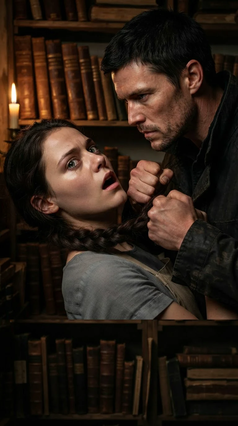 Caelan grips Avery's braid and pulls her head back, faces close.