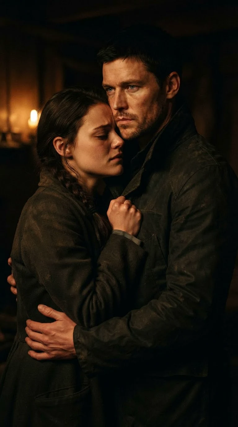 Avery's hands fisted in Caelan's coat, her mouth at his jaw, eyes shut.