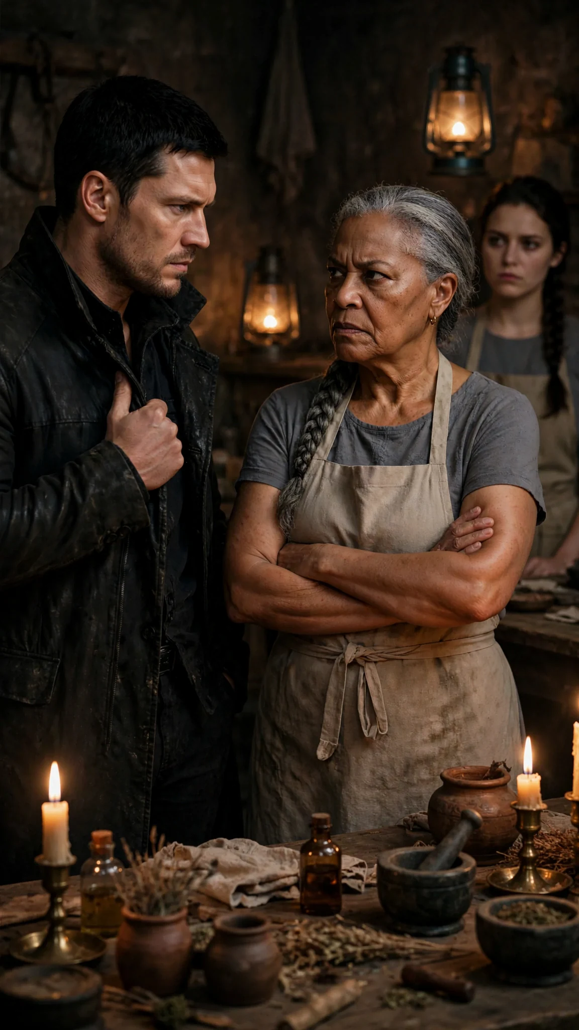 Caelan straightens his coat, cold and dismissive, while Mavis glares.