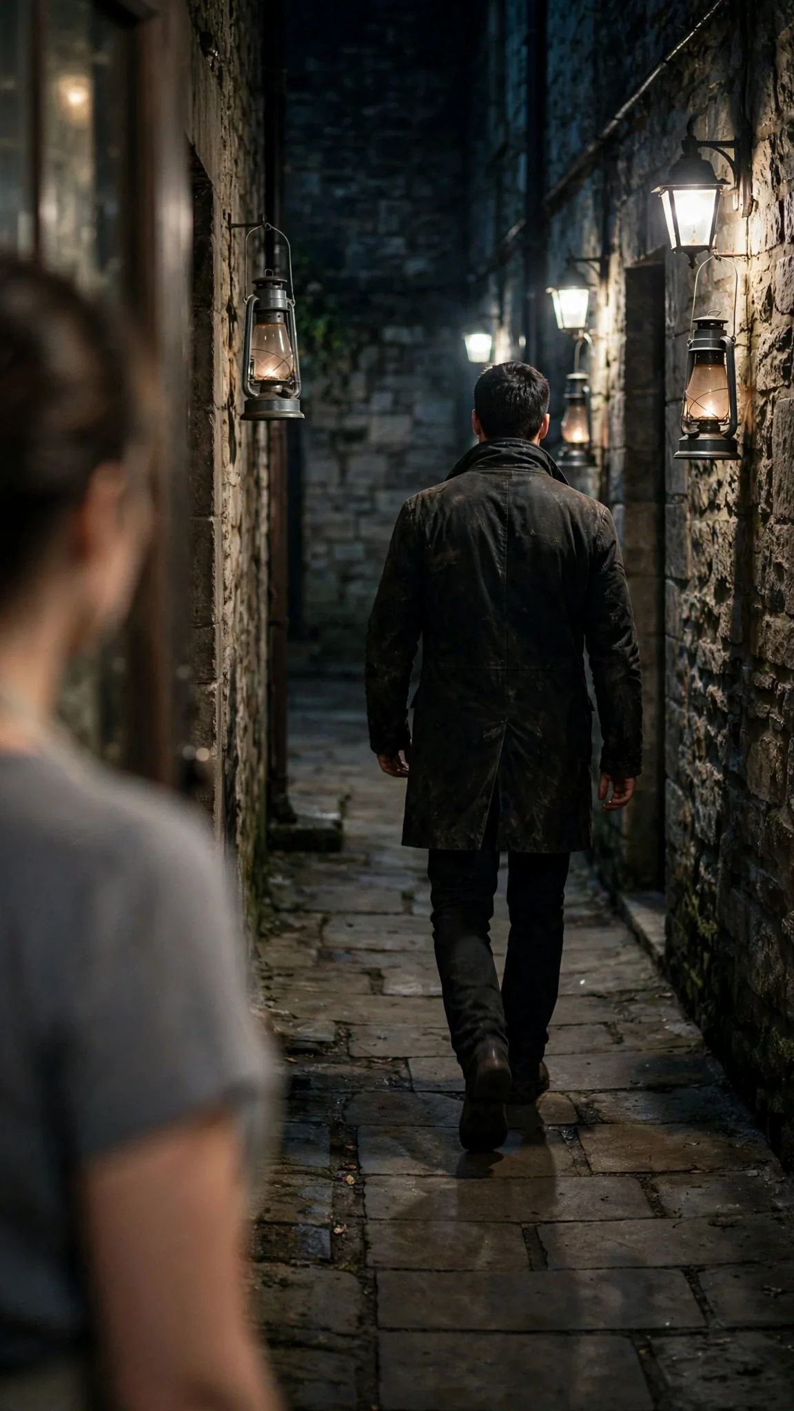 Caelan's back as he walks away down the dark passage.