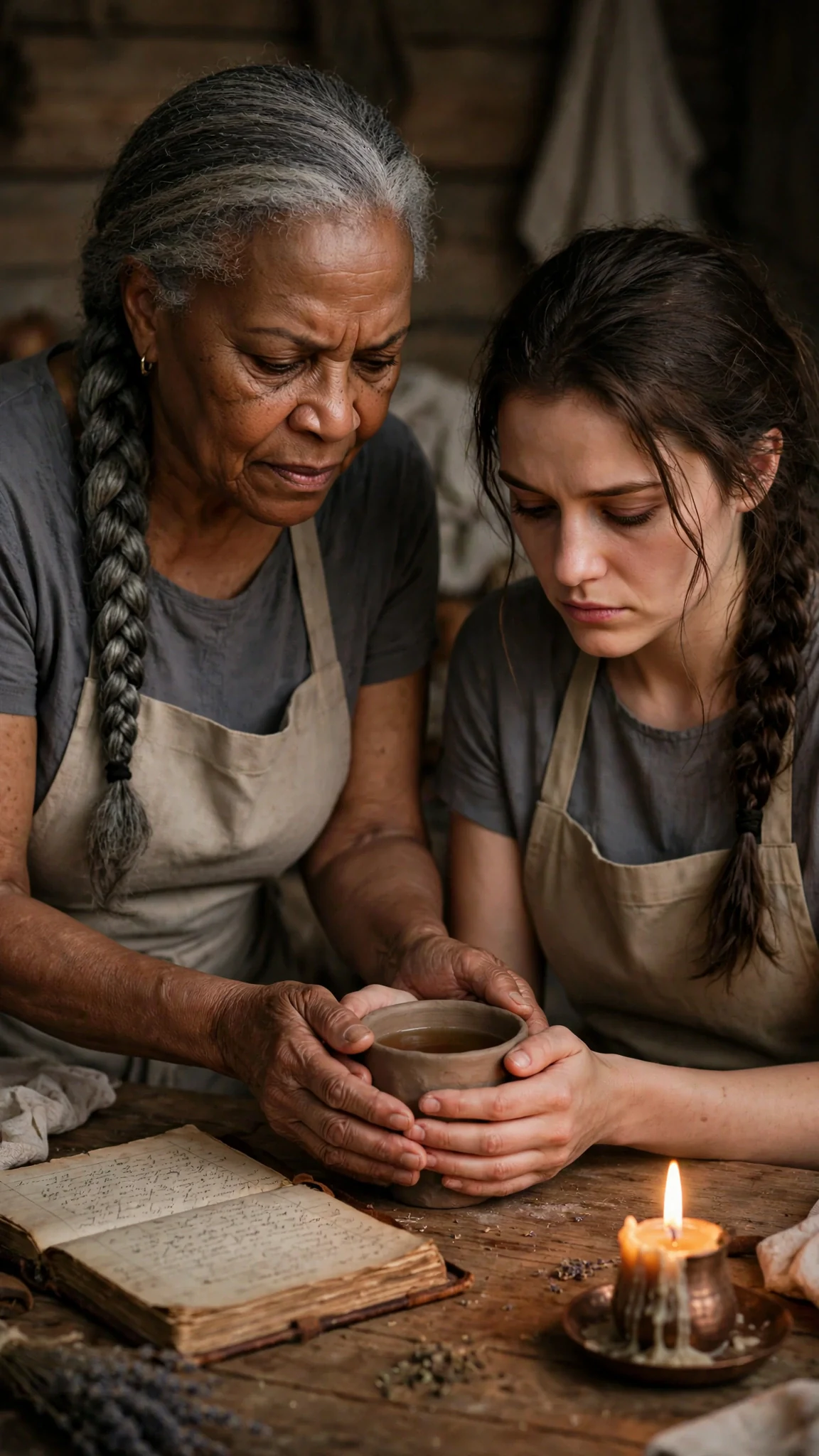 Mavis presses the clay cup into Avery's hands, both women silent.