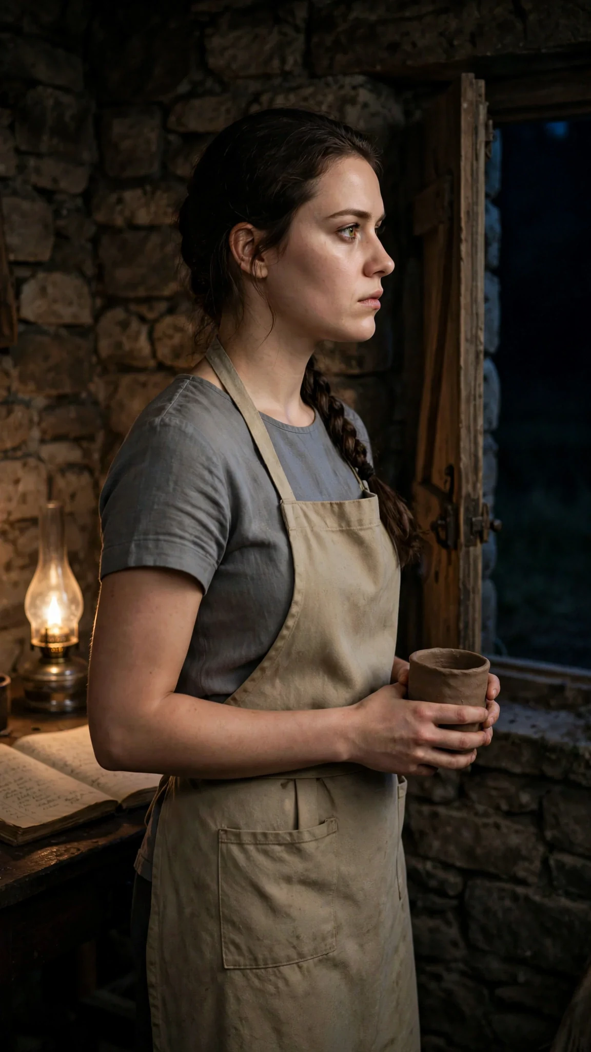 Avery stands alone in the lamplit ledger room, a cold cup in her hands, staring at the open door.