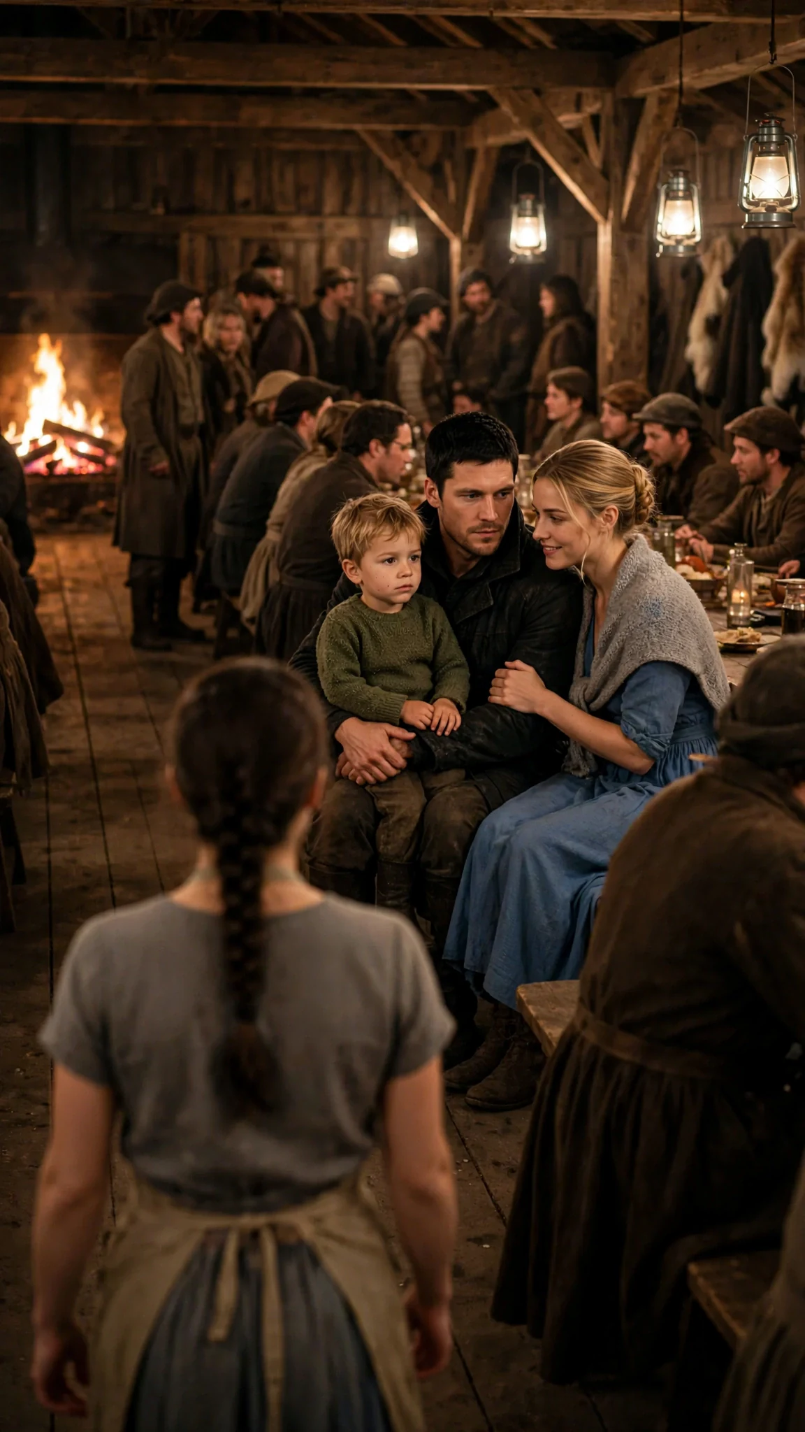The pack hall at night, Caelan at the head table with Rosalind at his right and Miles on his knee, as Avery walks up the aisle.