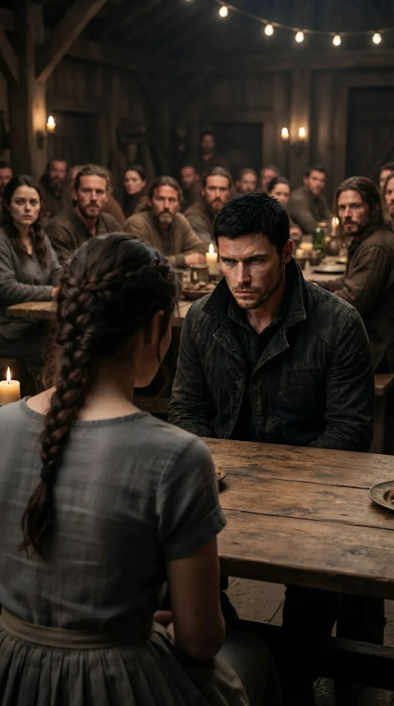 Caelan looks down at Avery from the head table, cold and dismissive, the hall silent behind him.