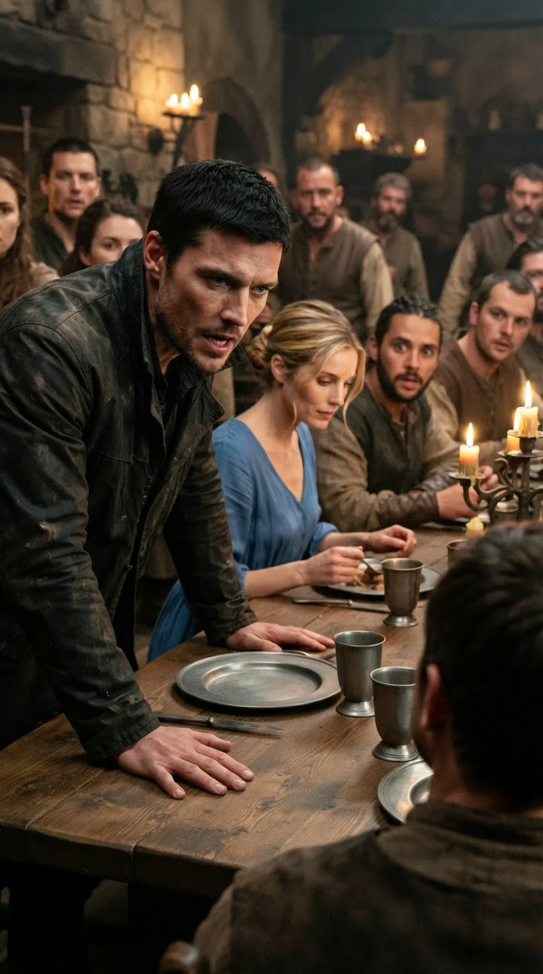 Caelan leans over the table speaking crudely while the pack stares.