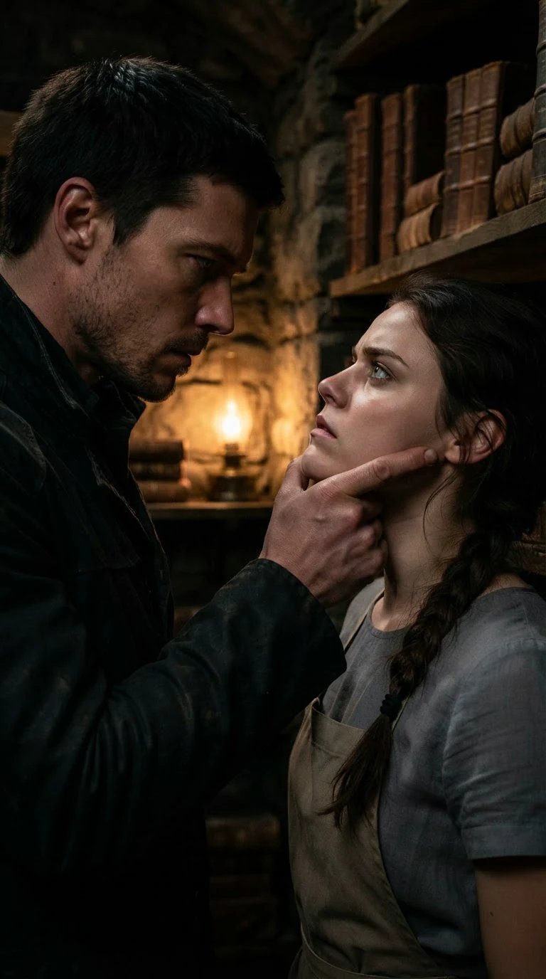 Caelan grips Avery's jaw in the ledger room, close and hard.