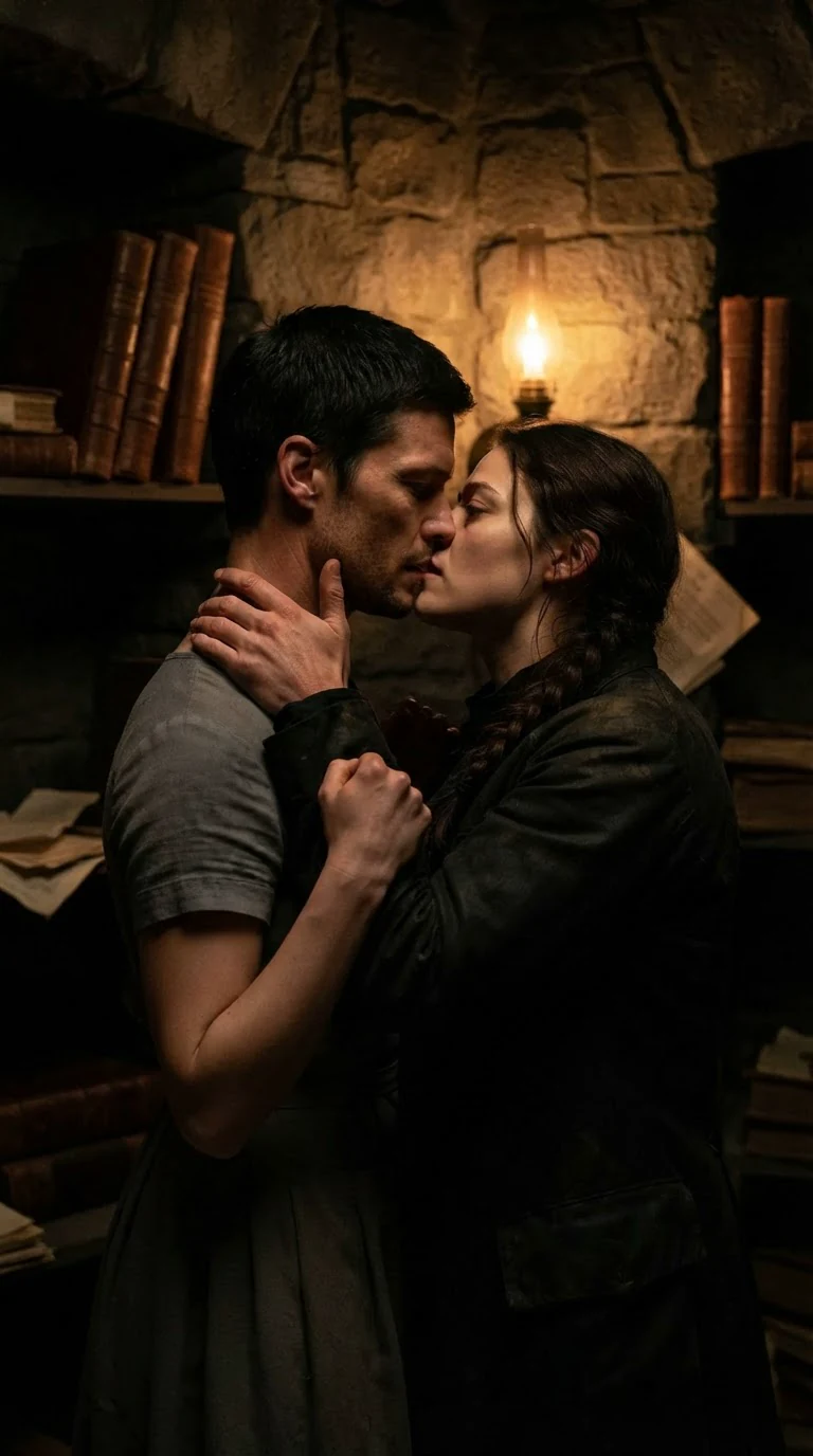 Caelan kisses Avery hard in the ledger room, both still dressed.